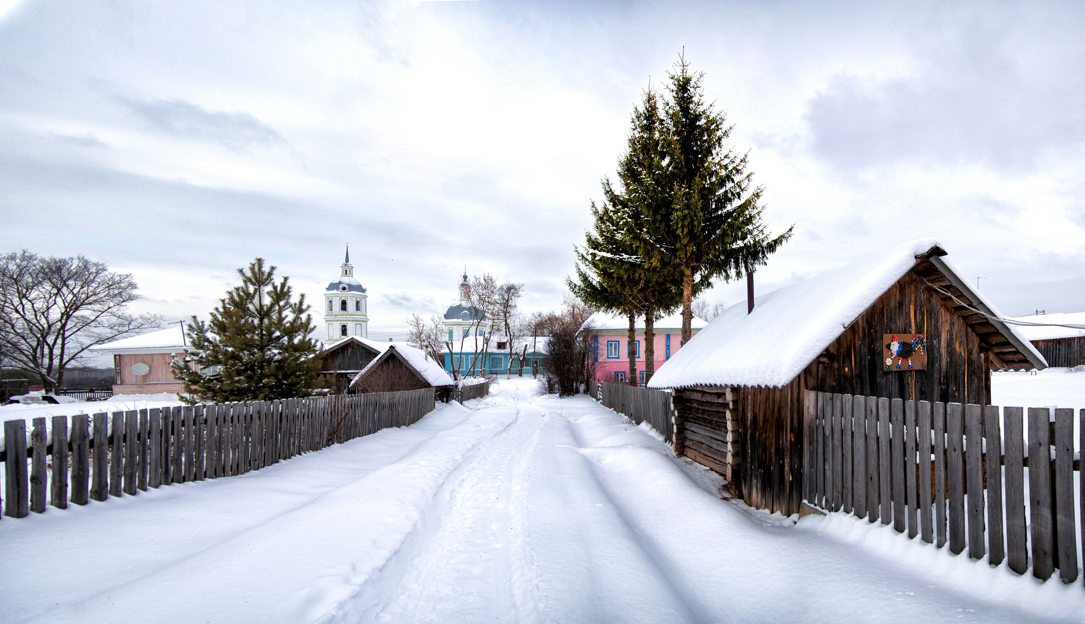 село, пейзаж, церковь, рассвет, осень, снег, Андрей Малыгин