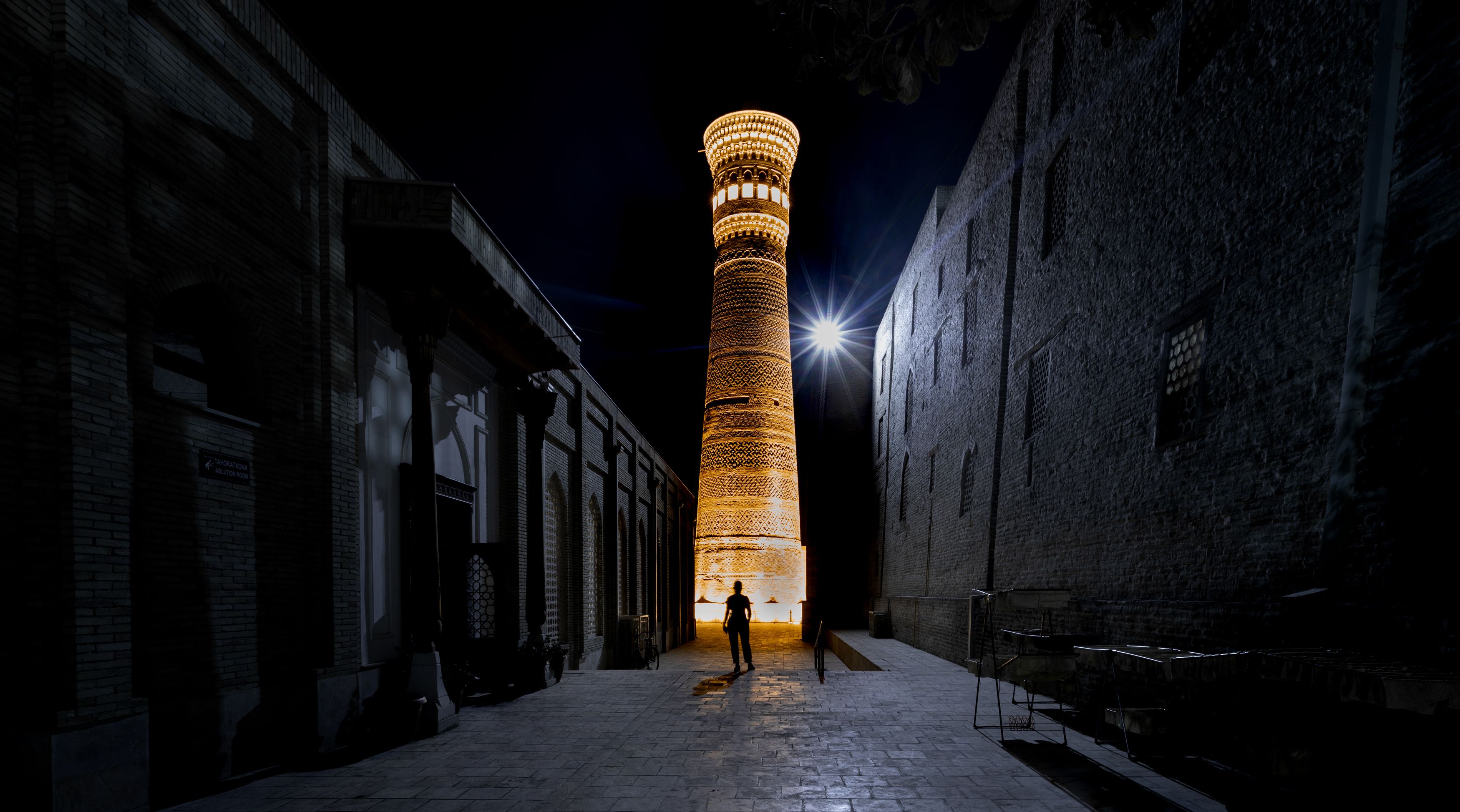 uzbekistan, bukhara, night, night scene, city, street, silouette, minaret, mosque , Roman Bevzenko