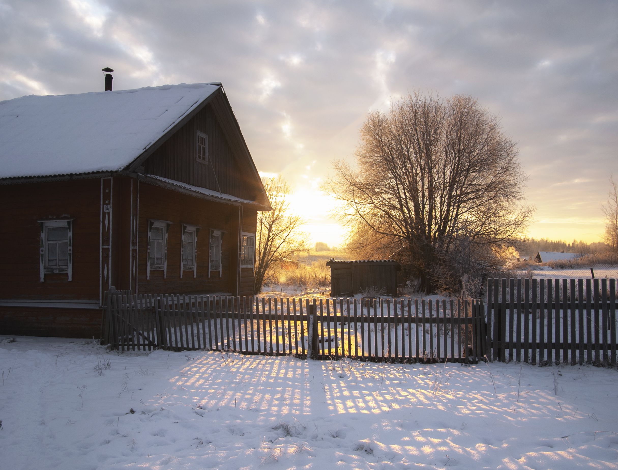 село, пейзаж, рассвет, осень, снег, Андрей Малыгин