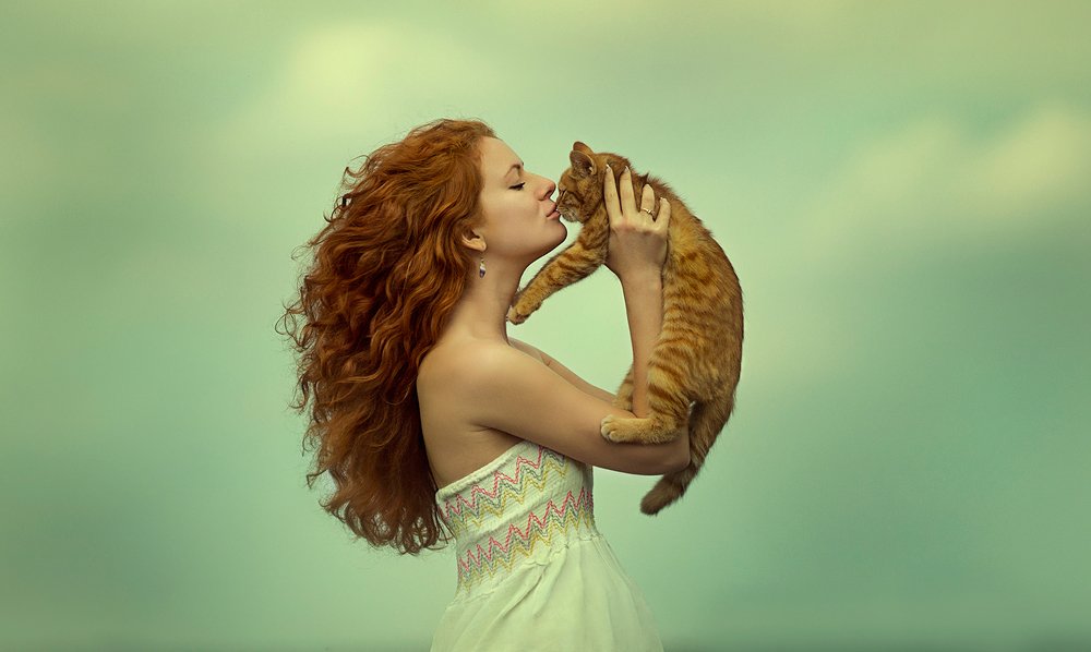 девушка, кот, нежность, поцелуй, рыжая, рыжий, счастье, Ярунин Олег