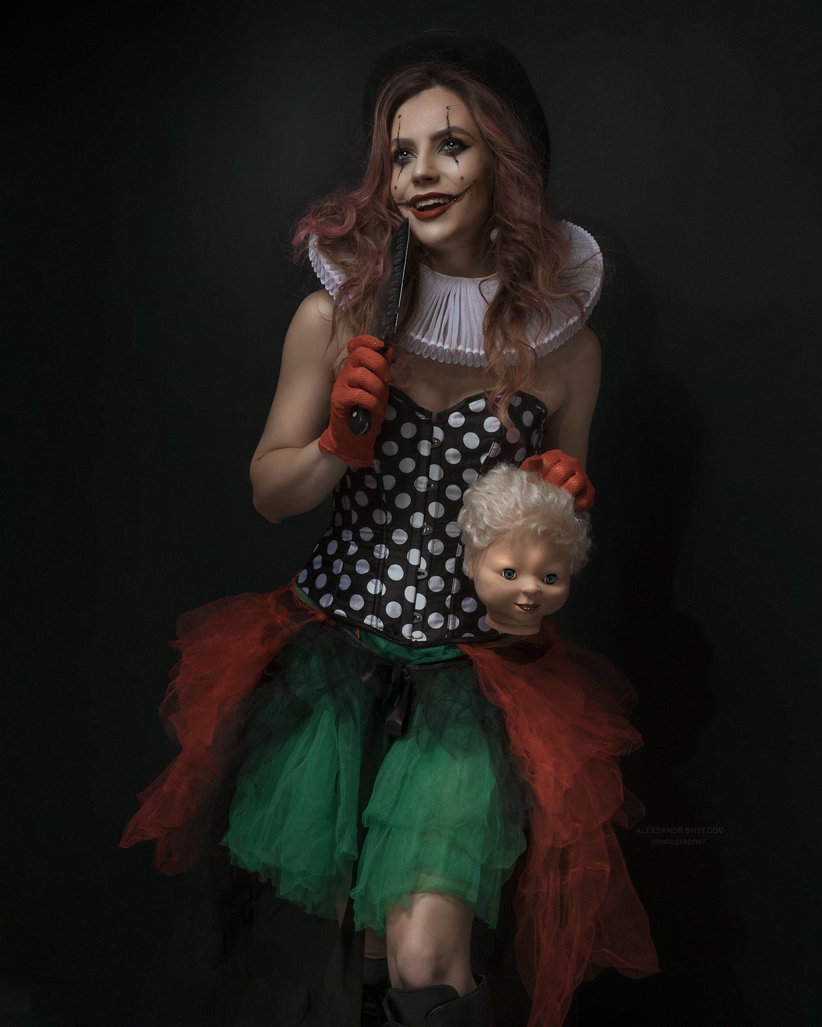 clown, portrait of a girl, cosplay, doll, knife, horrors, female portrait, thematic portrait, genre portrait, studio portrait, Aleksandr Shvedov