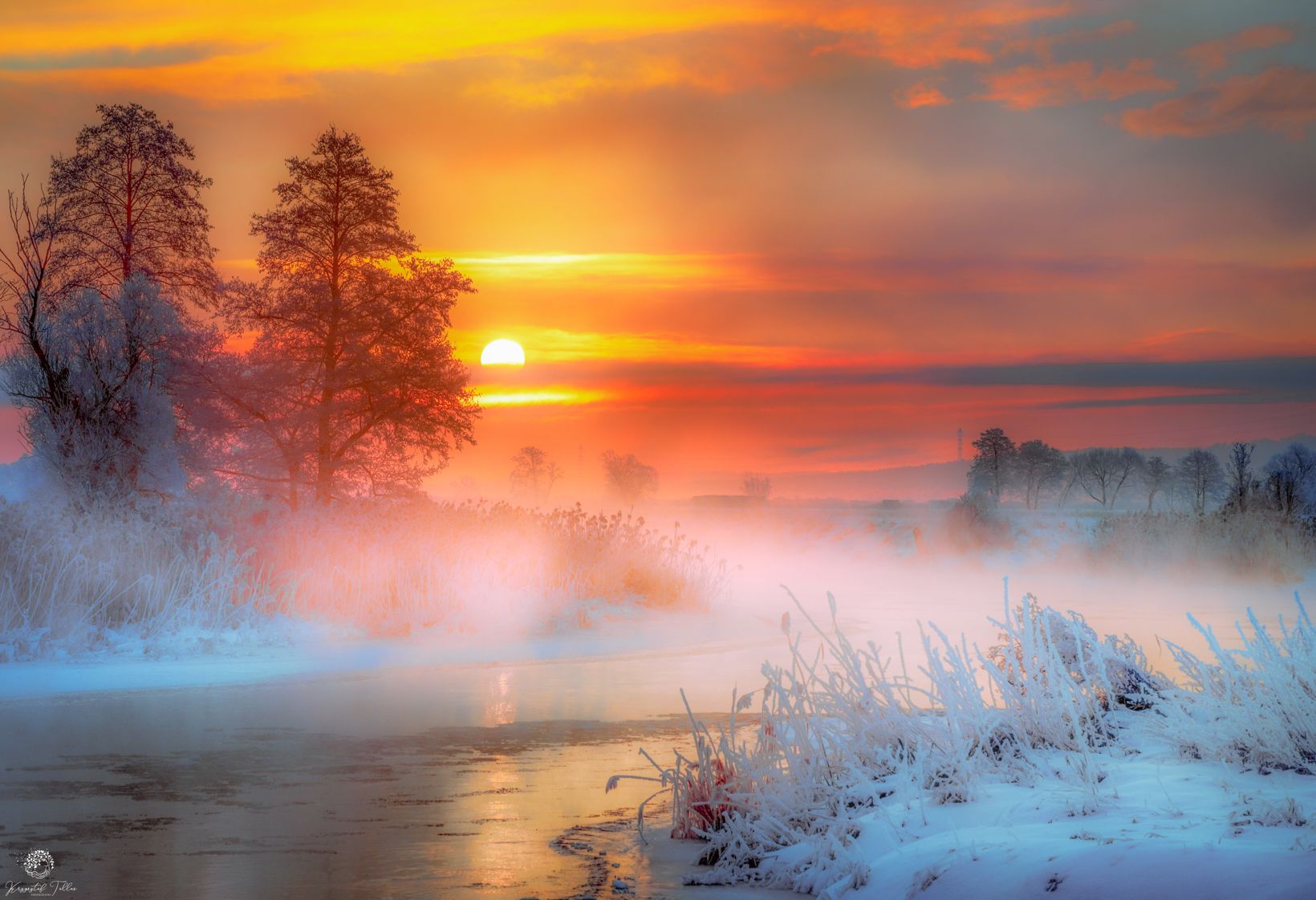 winter  frost  dawn  landscape  nature  river  Gwda  sky  clouds  fog  light  tree sun  daytime dream  water  reflection in the water, Krzysztof Tollas