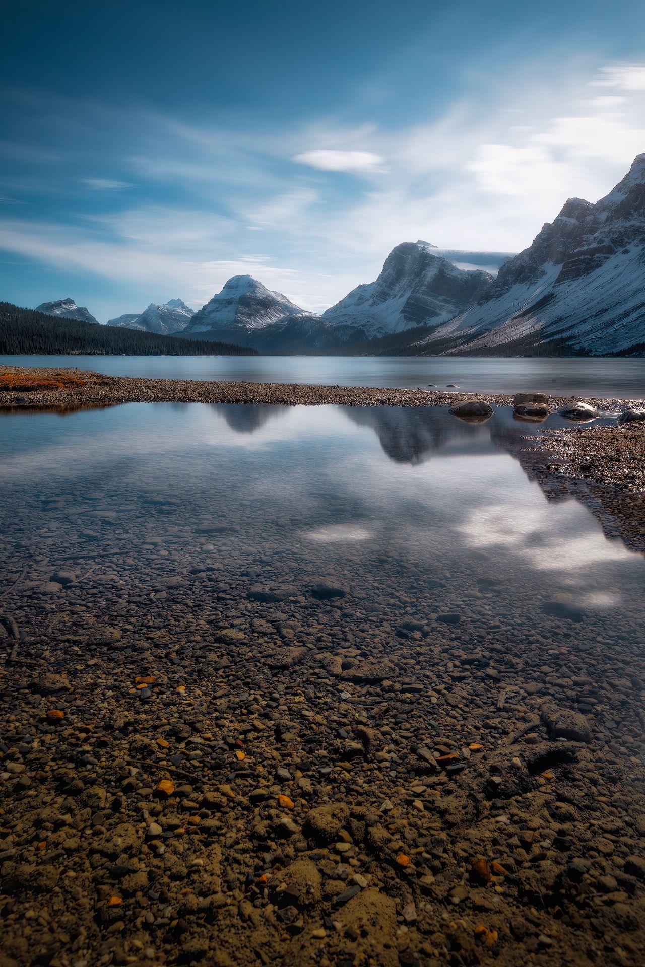landscape, water, lake, mountain, snow, mirror, reflection, quiet, peace, peaceful, outdoor, day, light, Canada, beach, sand, Huapu Zhao