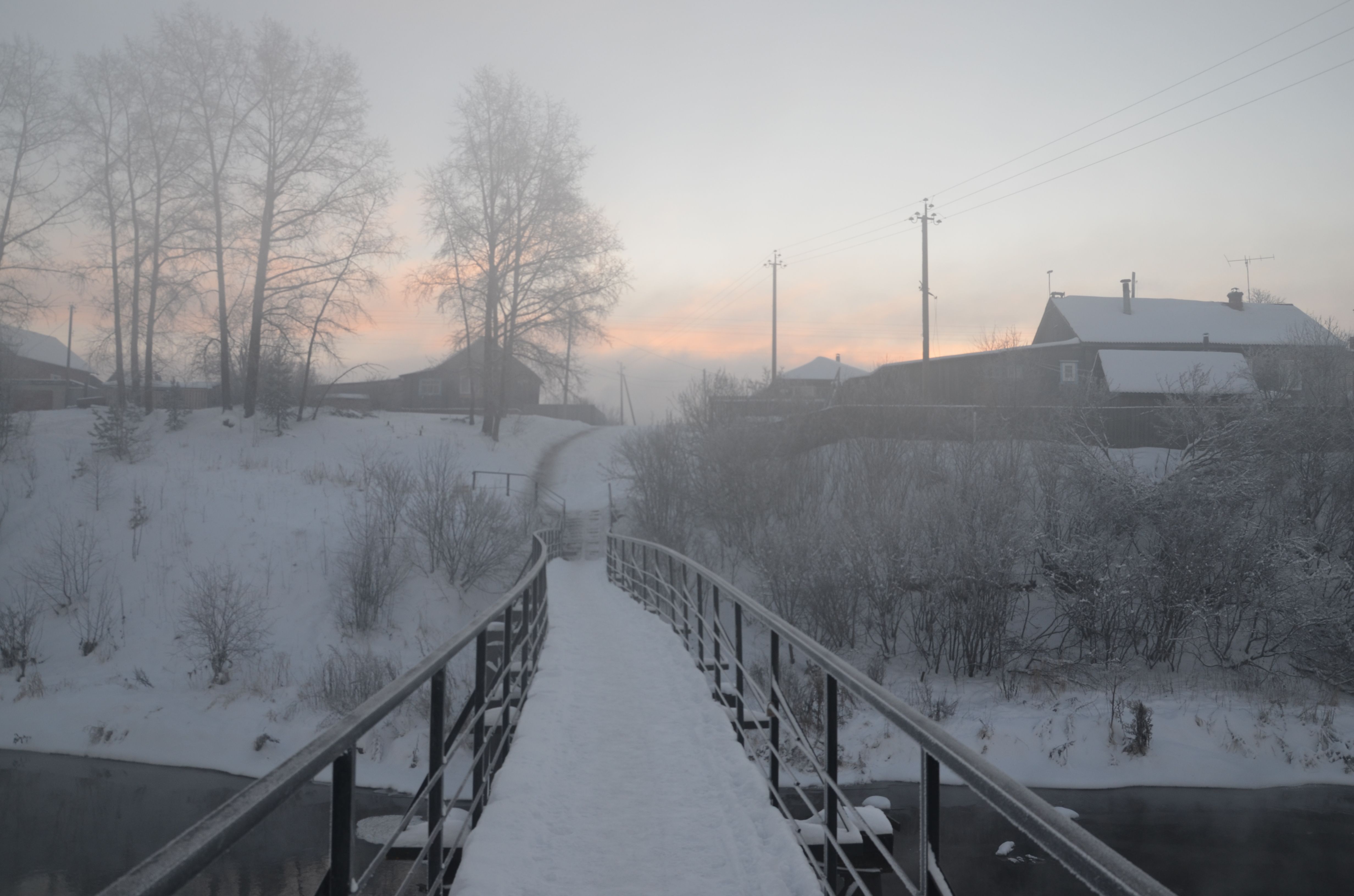 пейзаж, зима, туман, рассвет, мост, Андрей Малыгин