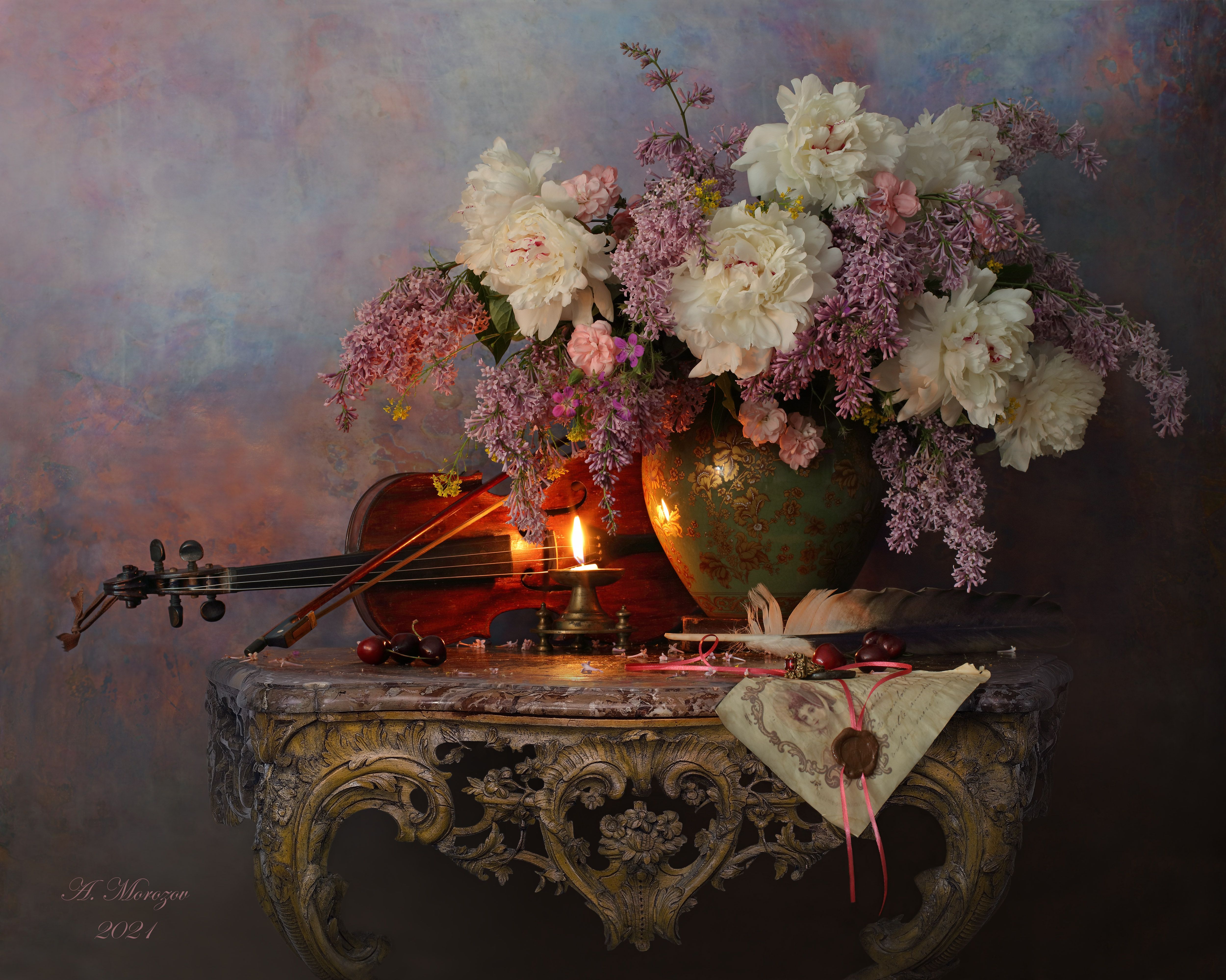 цветы, пионы, сирень, скрипка, музыка, свеча, ваза, букет, Андрей Морозов