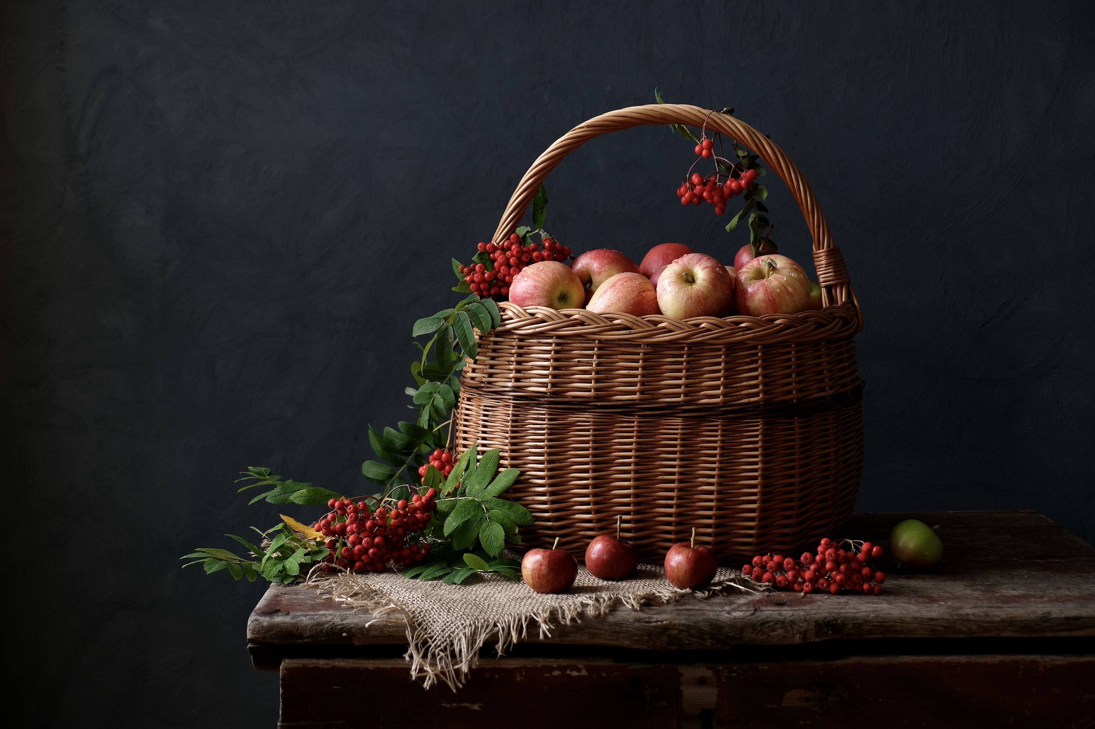 Still life, fruit, apples, rowan, basket, colors, food, Autumn, nature, harvest, light, , Svetlana Povarova Ree