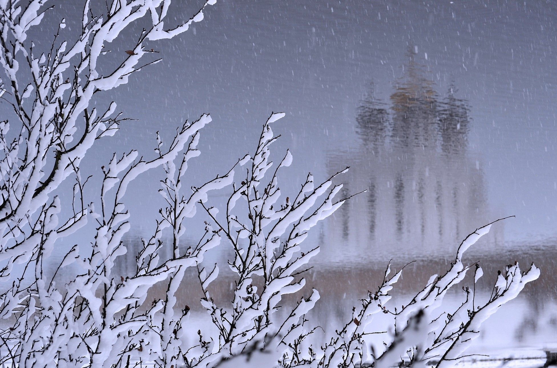 пейзаж, зима, псков, снег, город, собор,отражение,, Юрий Яковлев