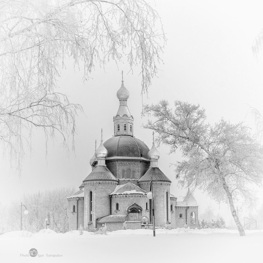 дубовое, церковь, храм, русская зима, temple, russian winter, православная зима,  мороз, иней, холод, frost, cold,  город, белгородская область, благословенная зима, белгородчина, белгород, архитектура, чёрно-белая фотография, дуплекс, Игорь Сарапулов