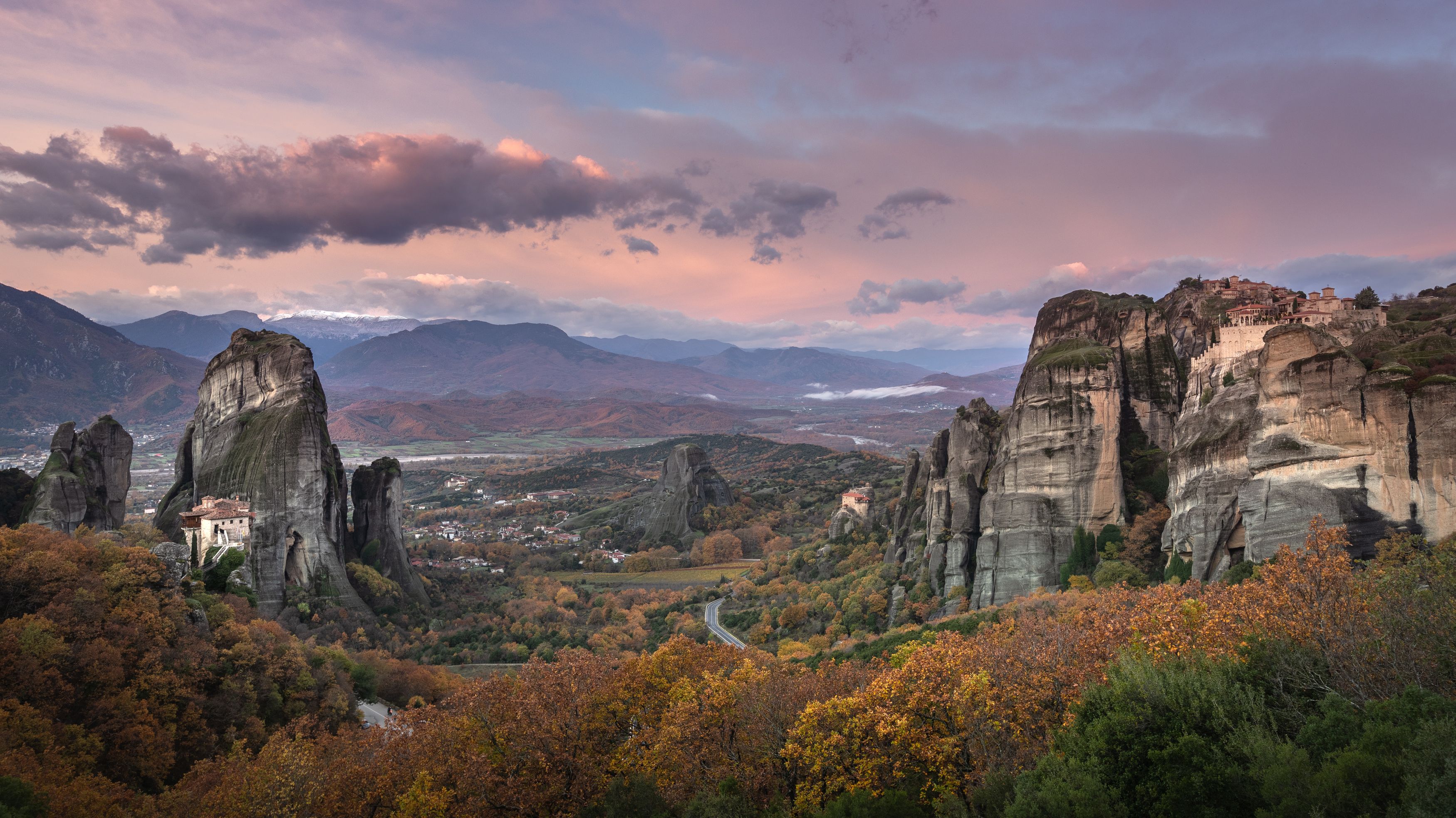 greece, meteora, monastery, church, cthedral, autumn, forest, rocks, rock, mountains, Roman Bevzenko