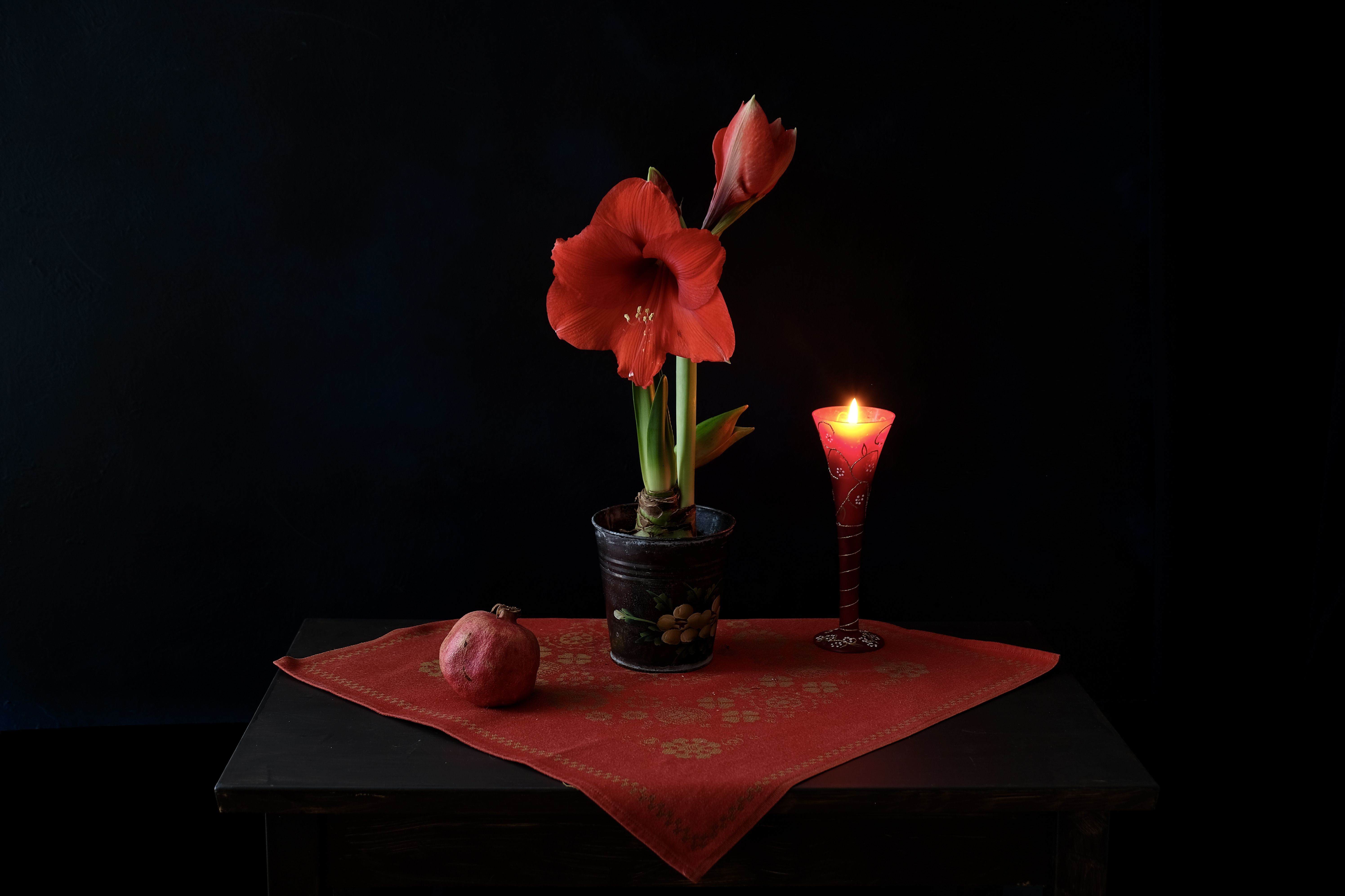 Still life, flowers, amaryllis, pomegranate fruit, candle, red, nature, flora, colors, mood, , Svetlana Povarova Ree