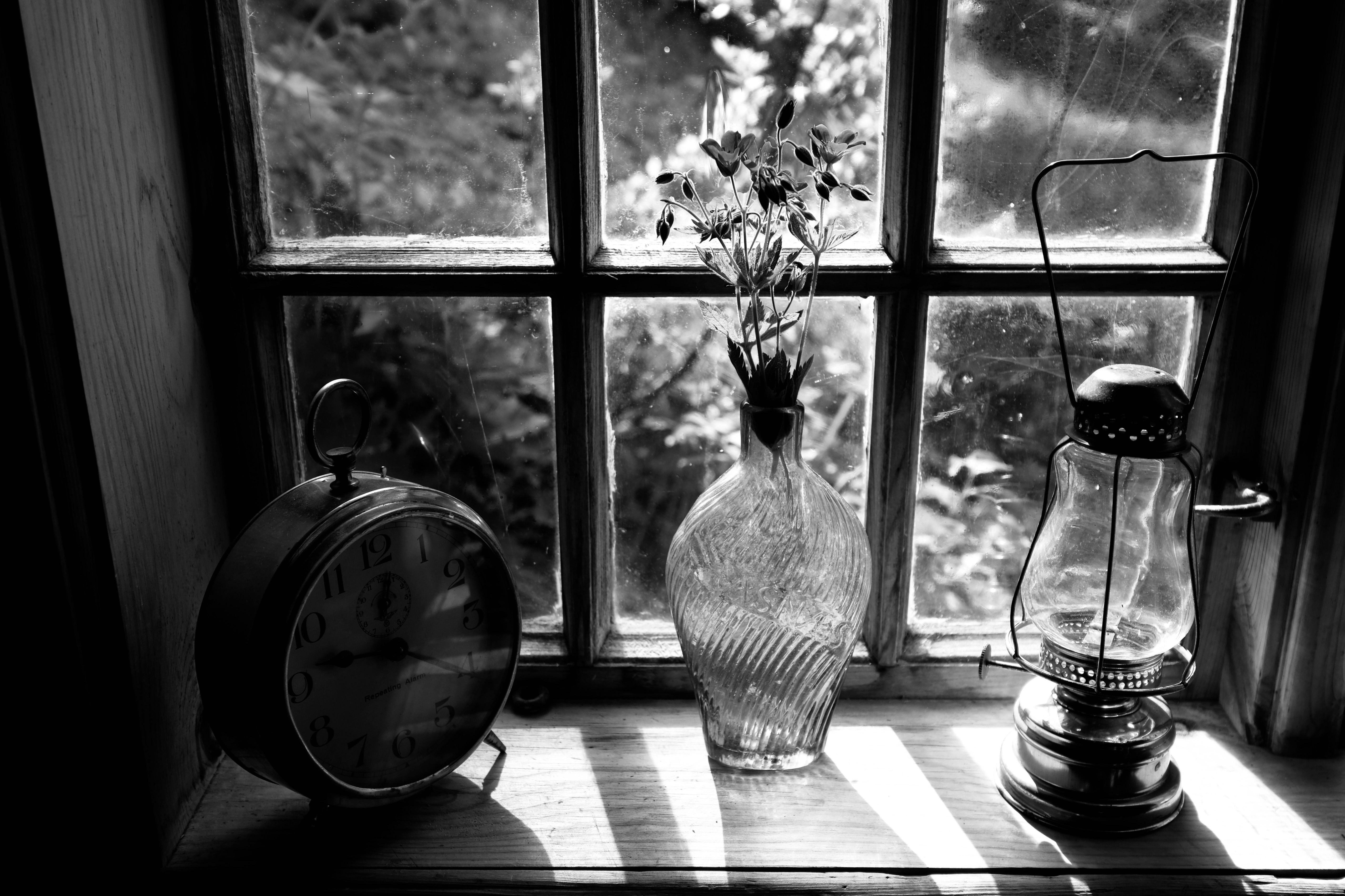 Black & White, old house, village, cobweb, glass, window, lamp, clock, vase, plant, , Svetlana Povarova Ree