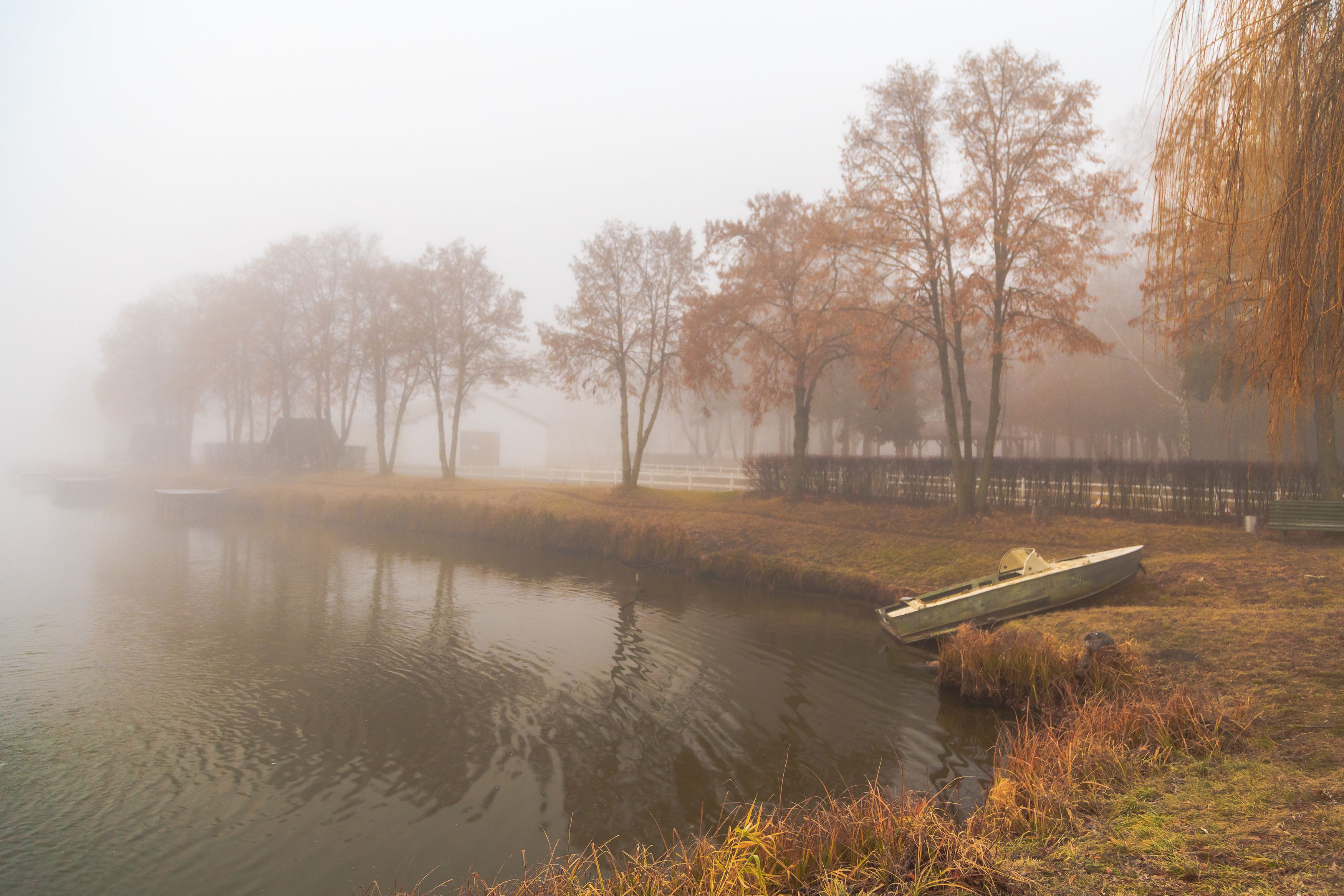 утро, мороз, река, дерево, туман, лодка, вода,, Андрей Косенко