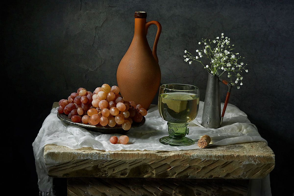 вино, кувшин, виноград, гипсофила, цветы, бокал, Виктор Бриг