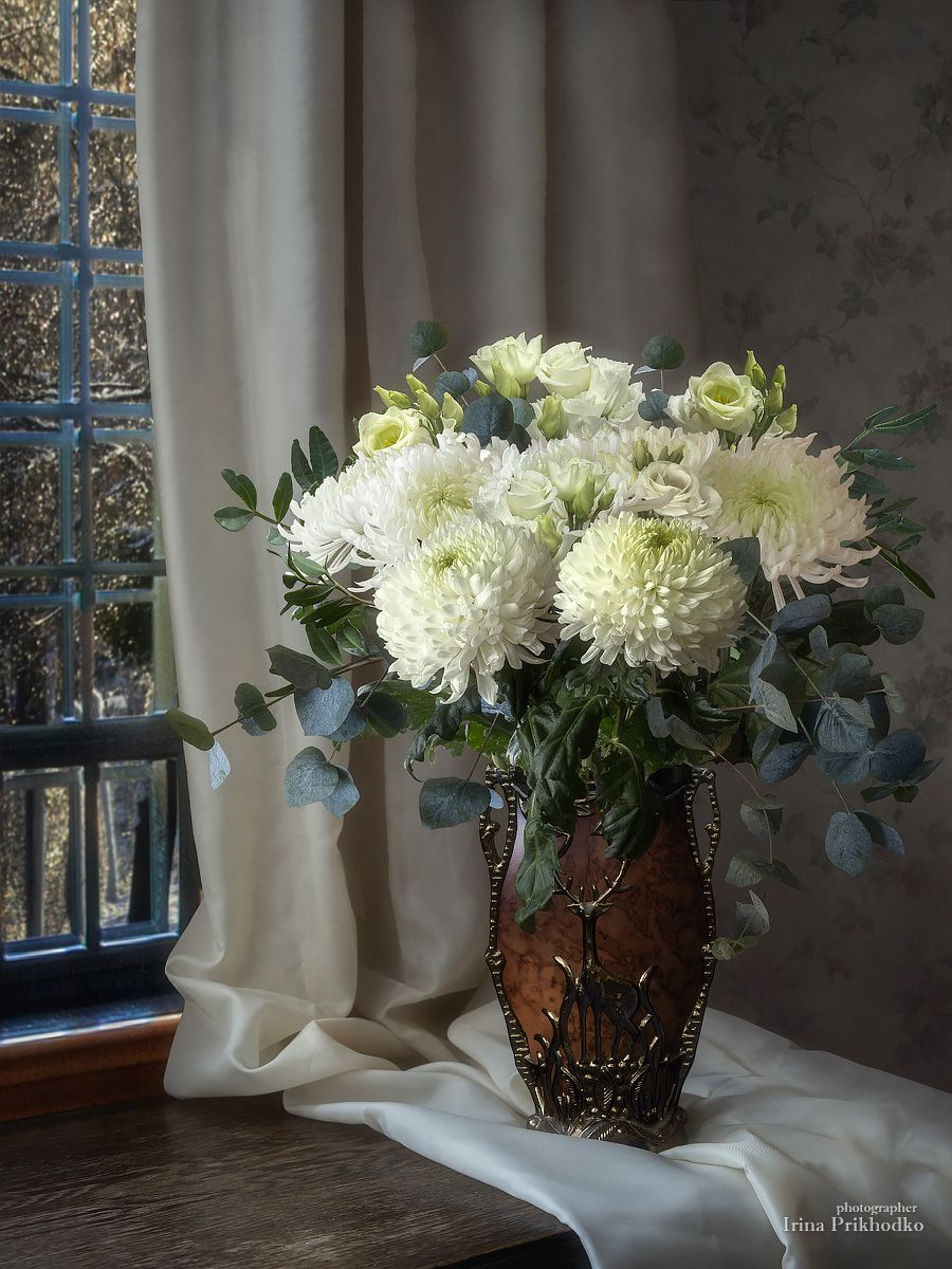 натюрморт, зима, букет, цветы, хризантемы, Ирина Приходько