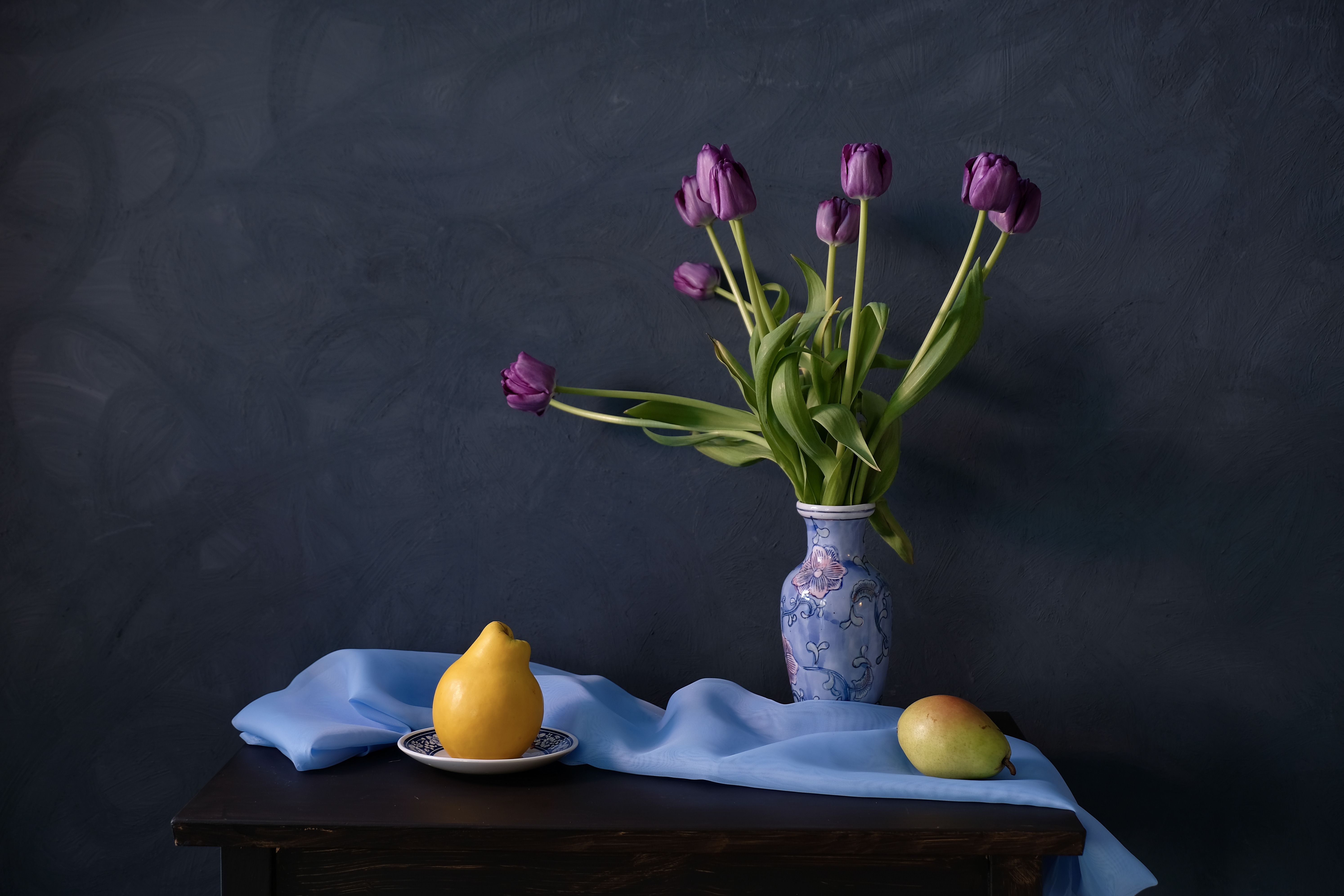 Still life, flowers, tulips, lilac, quince, pear, fruit, colors, nature, food, , Svetlana Povarova Ree