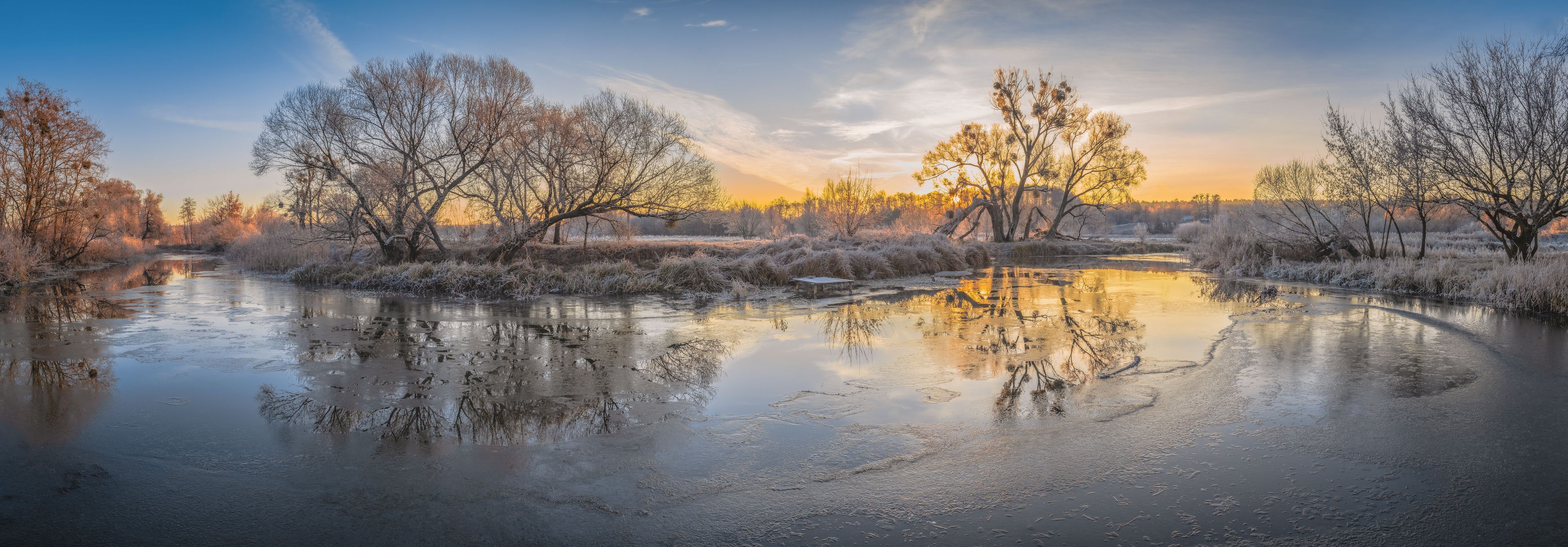 утро, мороз, река, дерево, туман, вода, панорама,, Андрей Косенко