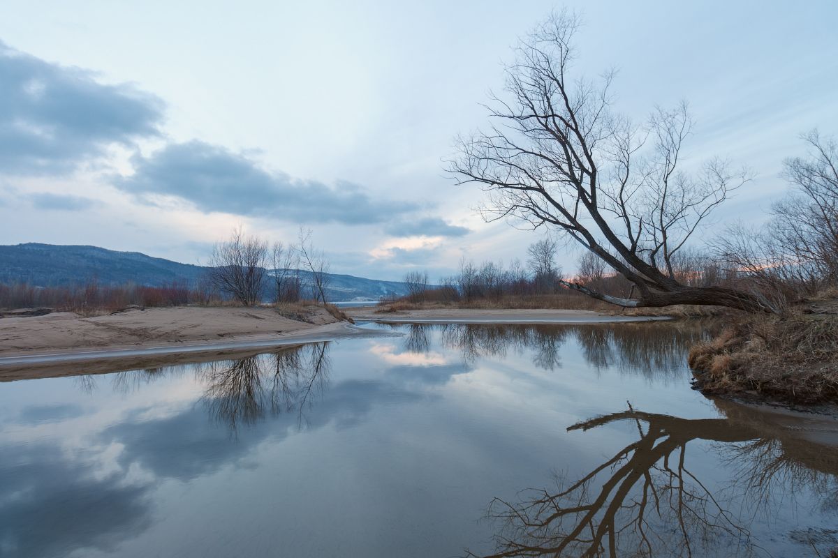 пейзаж, река, отражение, вечер, декабрь, зима, Андрей Ларионов