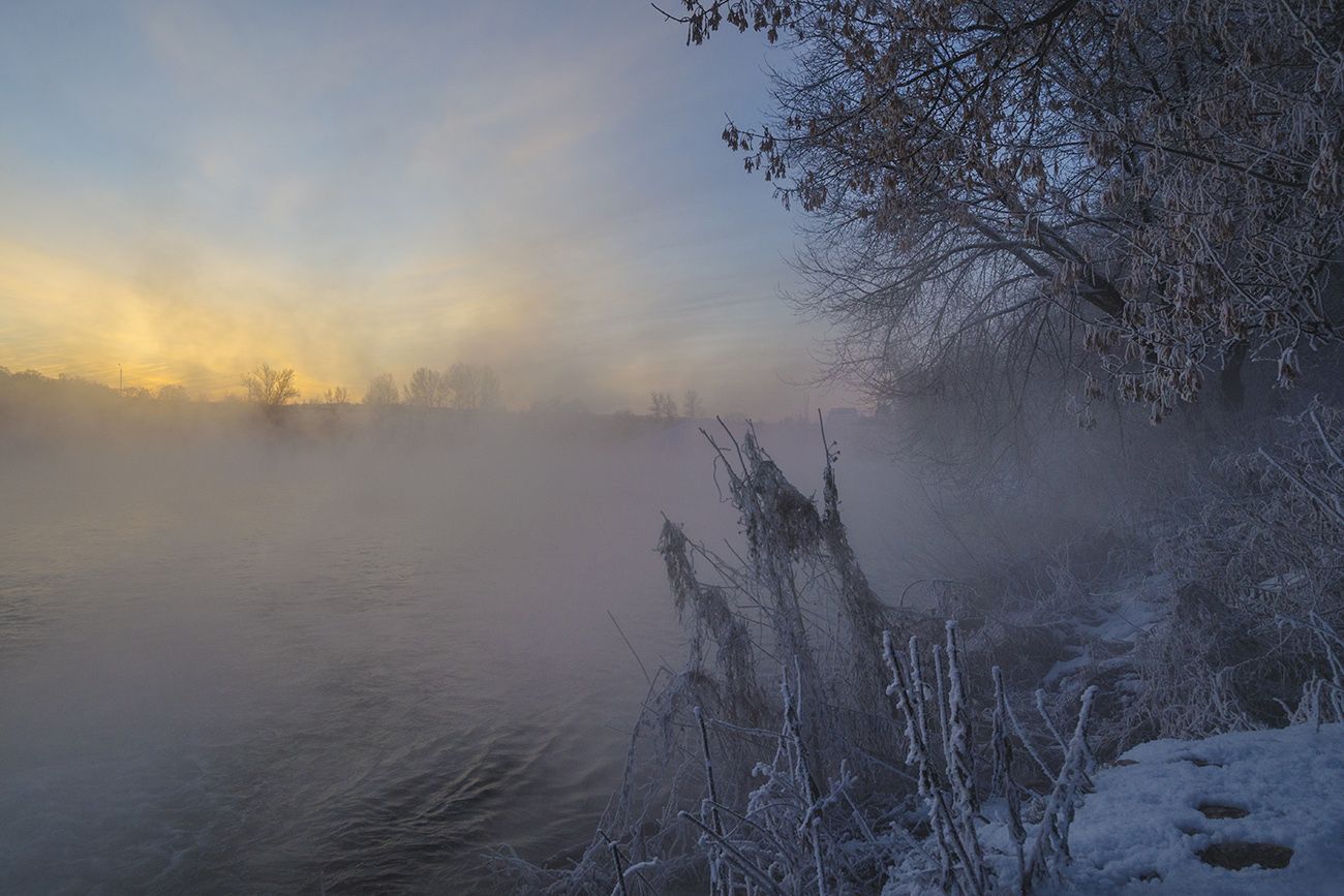 зима, рассвет, туман, косая гора, озеро горячка, Михаил Агеев