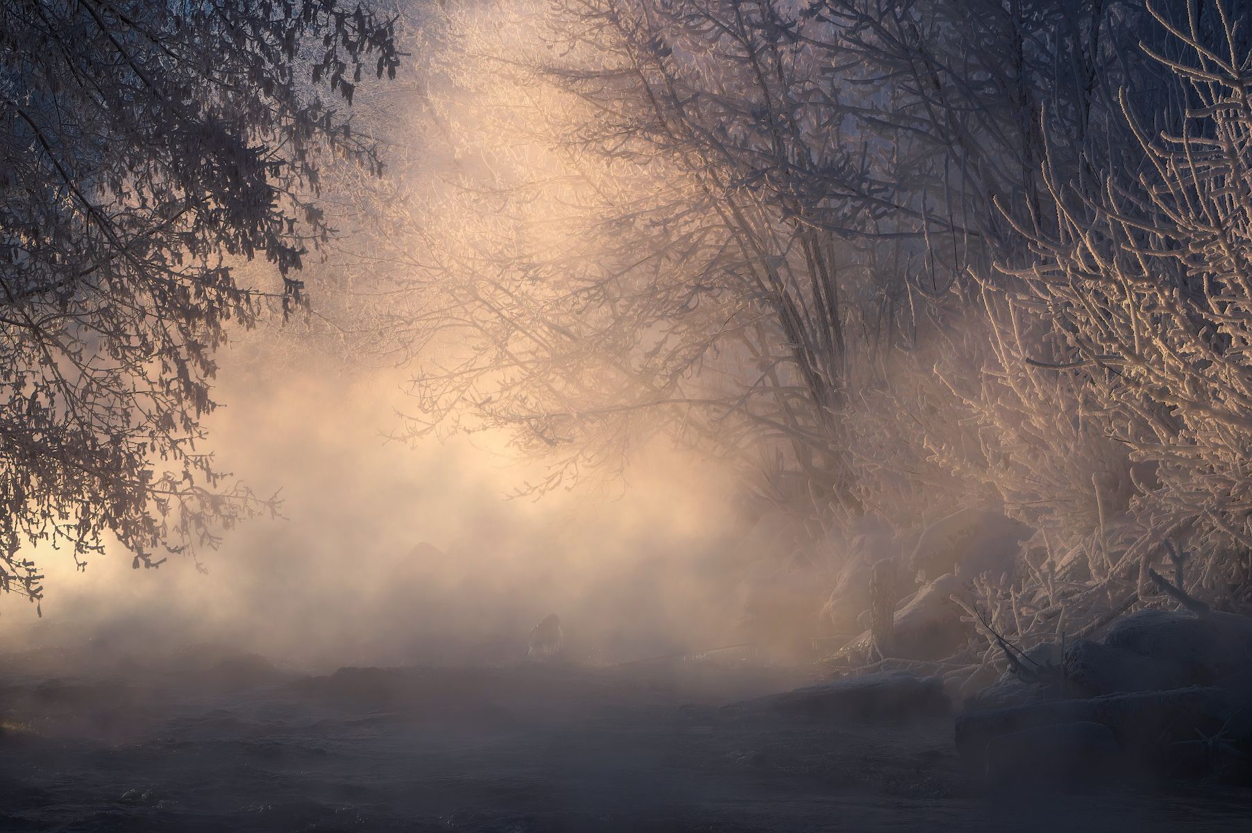 зима, рассвет, река, утро, пейзаж, туман, Виталий Левыкин
