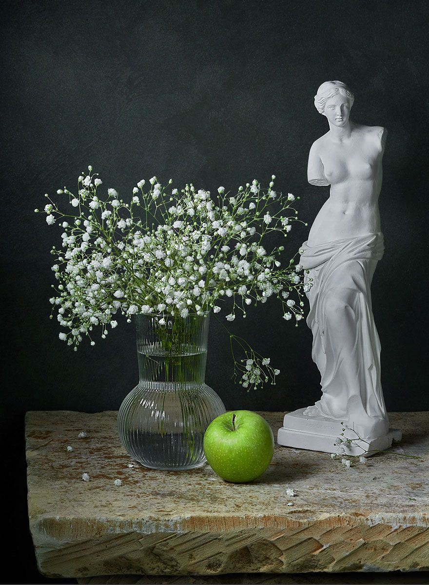 афродита, венера, скульптура, гипсофила, яблоко, букет, цветы, Виктор Бриг