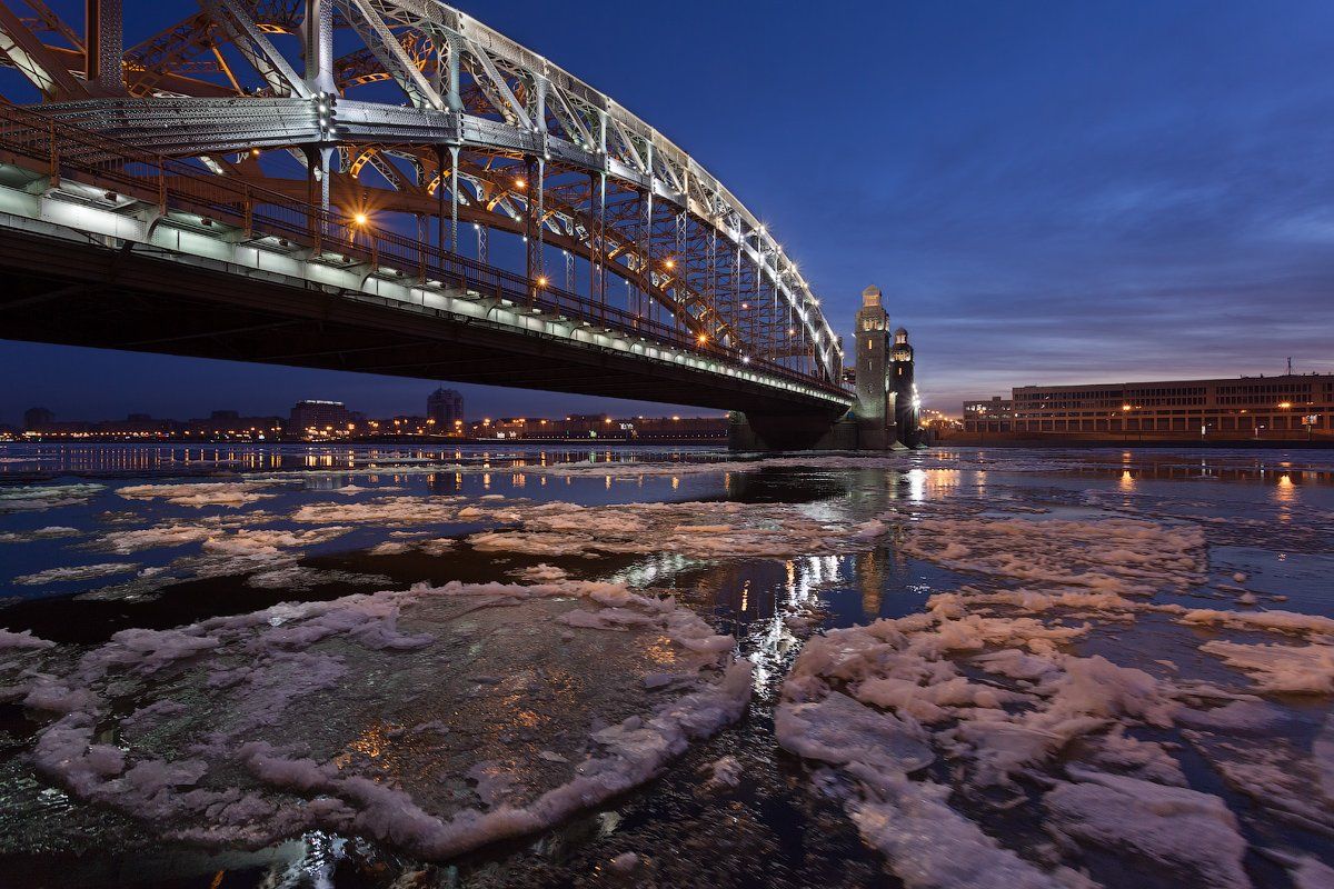 санкт-петербург, большеохтинский мост, мост петра великого, нева, ледоход, рассвет, утро, Alex Darkside