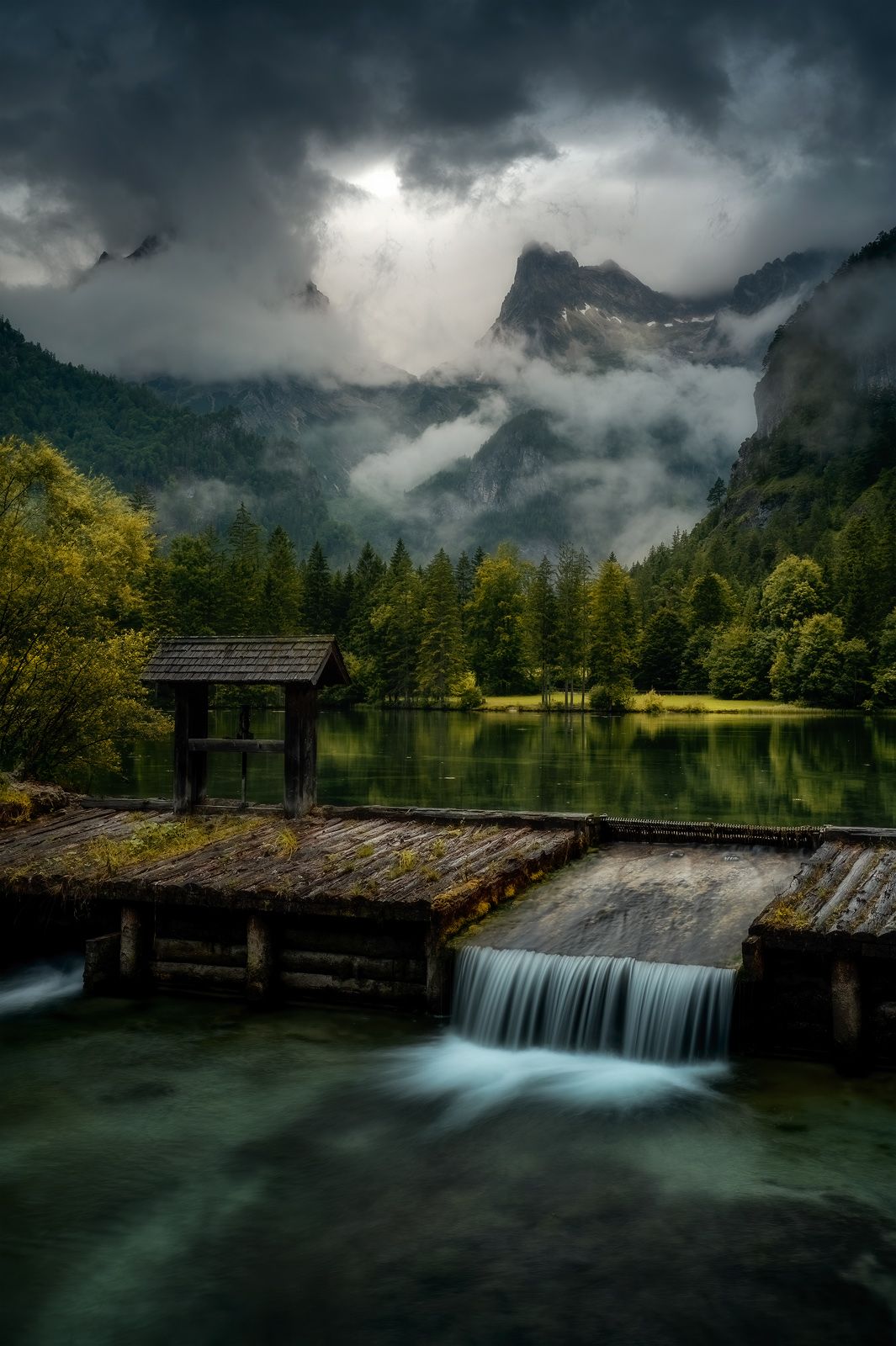alps, mountains, waterfall, lake, clouds, storm,, Jakub Perlikowski