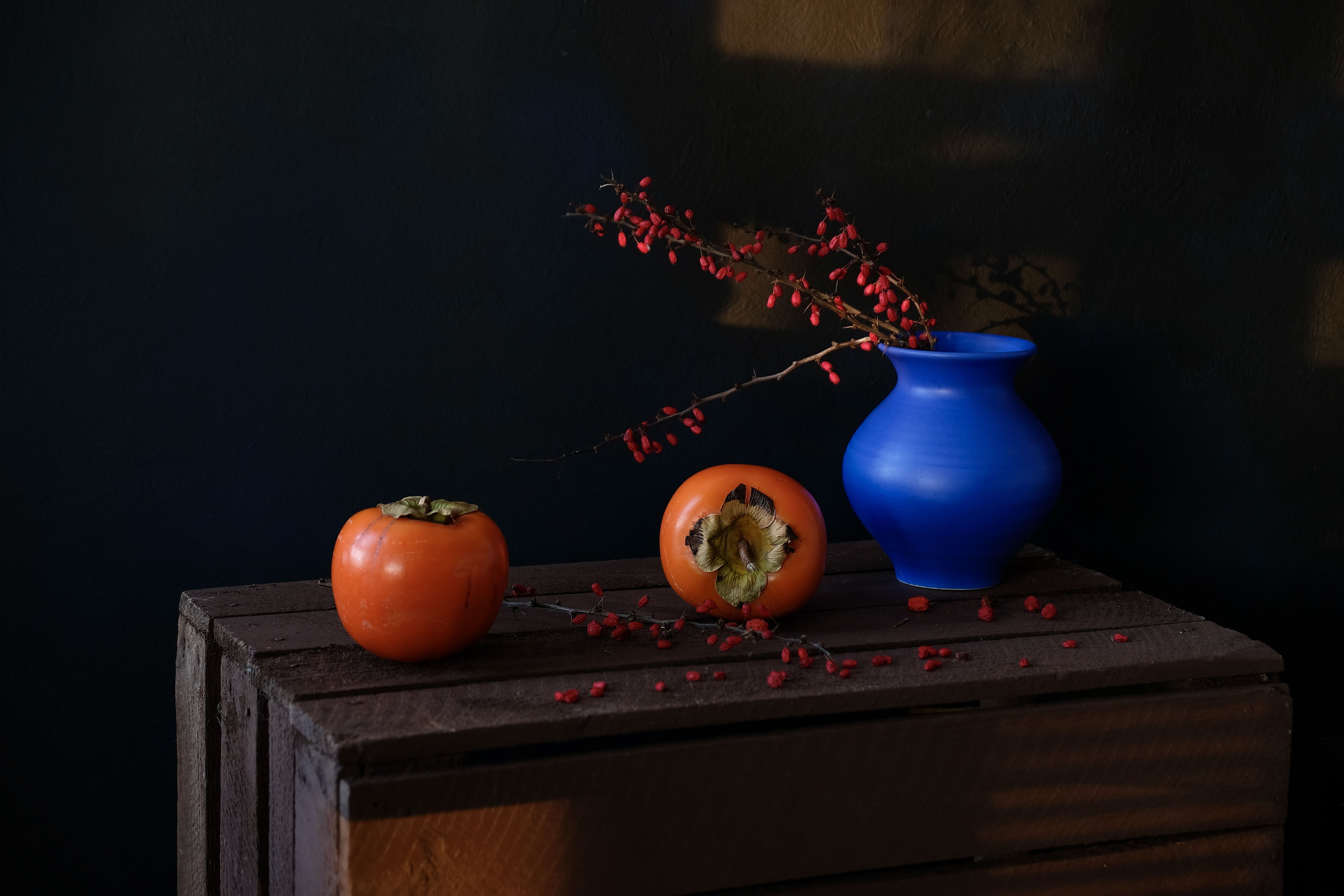 Still life, fruit, colors, orange, blue, vase, persimmon, barberry, red, food, , Svetlana Povarova Ree