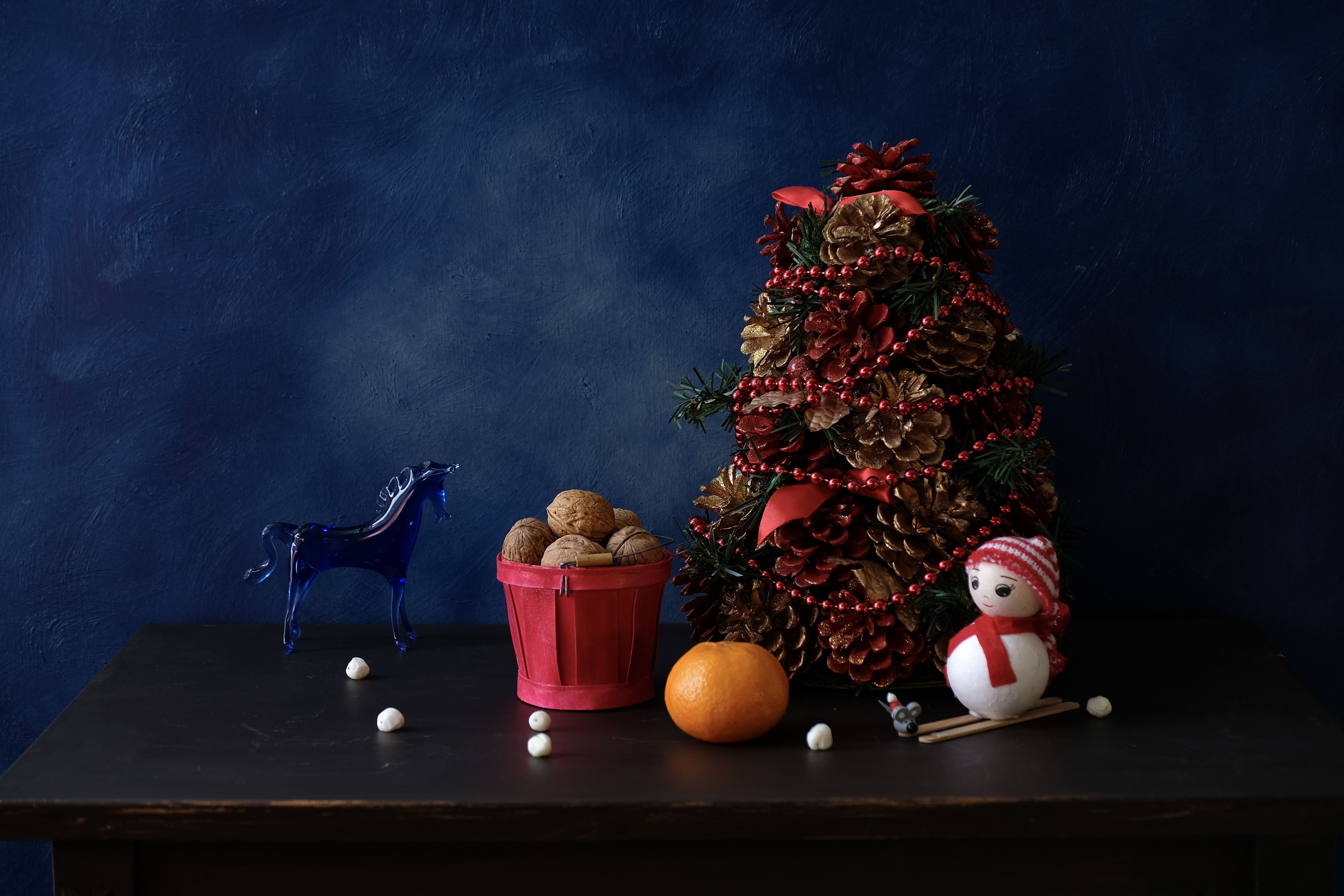 Still life, Happy New Year, walnuts, tangerine, Christmas tree, decorations, holiday, snowman, horse, toys, celebration,, Svetlana Povarova Ree