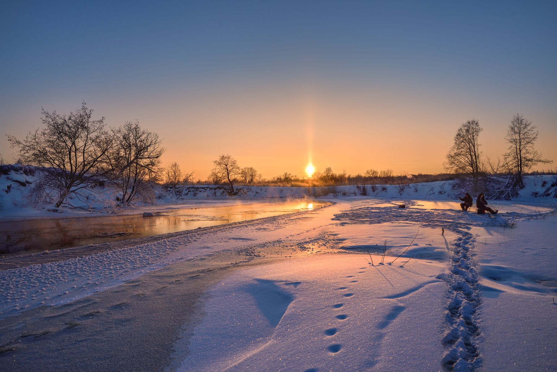 зима,река,солнце,снег,мороз,вечер,закат,рыбаки, Виталий Полуэктов