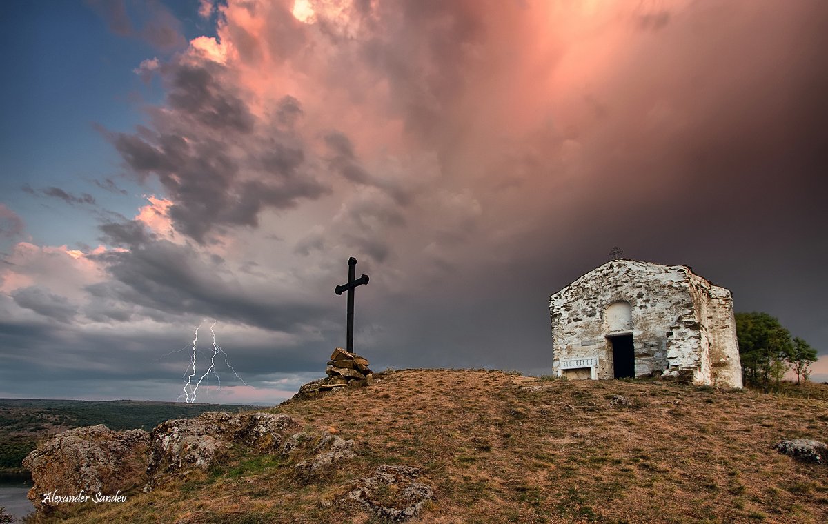 Bulgaria, Clouds, Cross, Lightning, Medieval, Orthodox chapel, Storm, Александър Сандев
