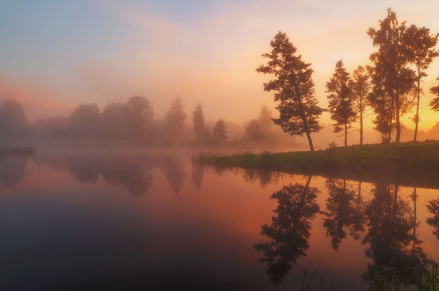 sunrise, morning, mist, fog, colours, lake, Justinas Kondrotas