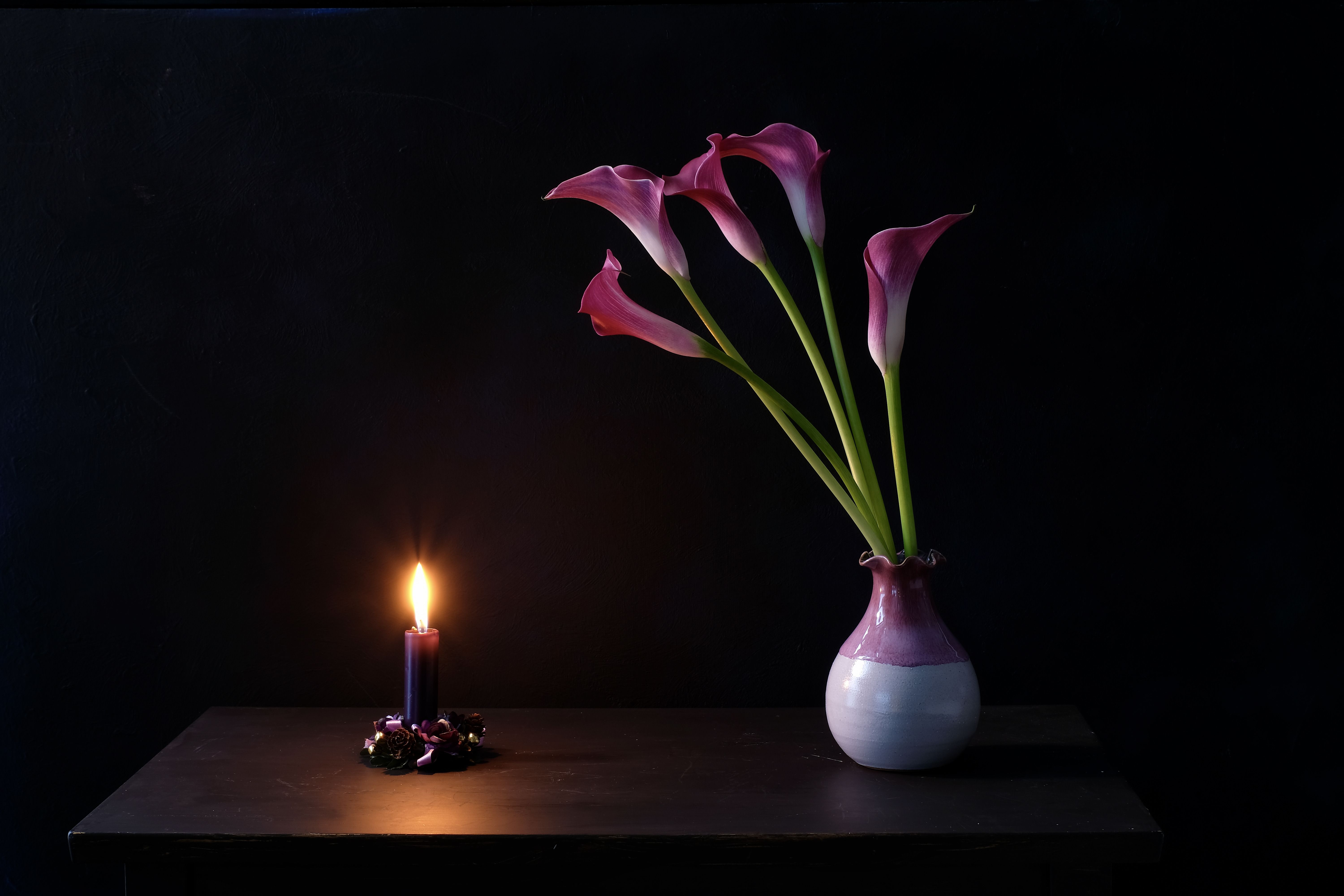 Still life, flowers, calls, nature, candle, purple, colors, magic, mood, vase, light, floral, elegant, , Svetlana Povarova Ree