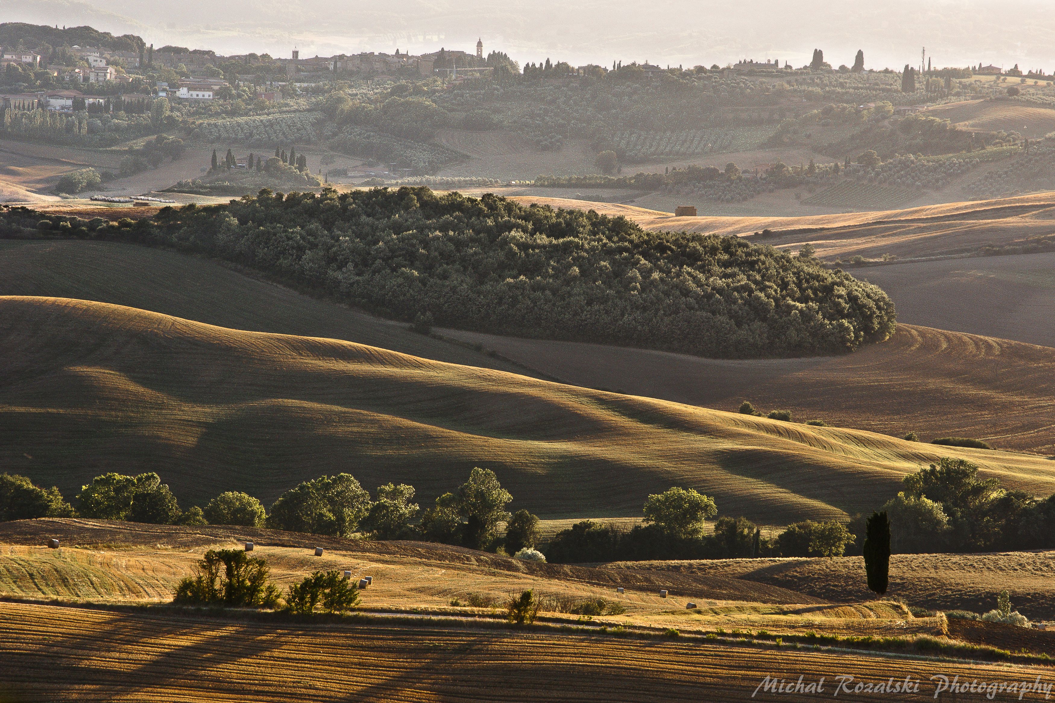 hills, ,shadows, ,trees, ,sunset, ,town, ,fields, ,tuscany, ,italy, Michal Rozalski