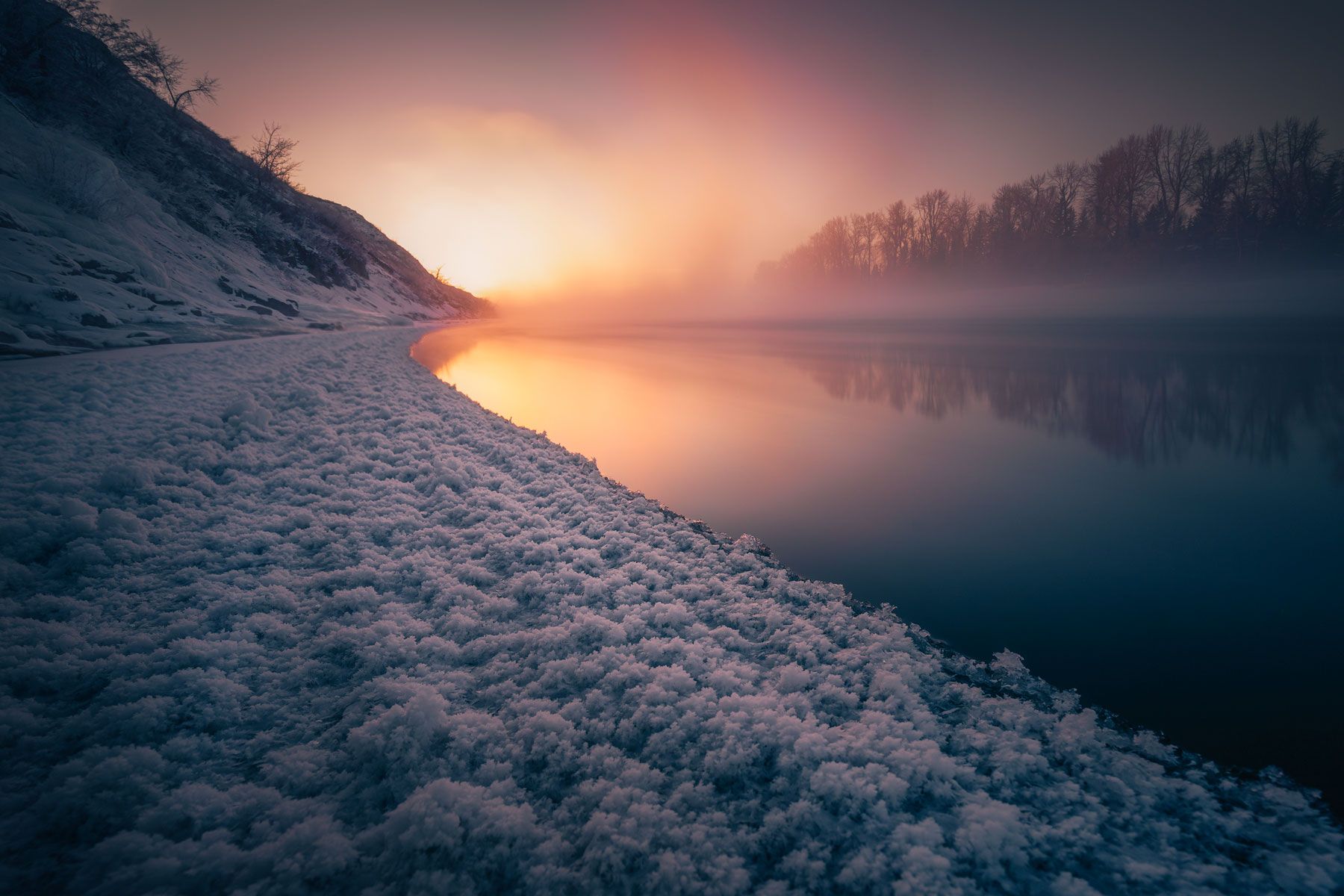 landscape, ice, snow, frozen, cold, river, water, lake, morning, sunrise, forest, fog, sun, day, mood, world, nature, outdoor, Zhao Huapu
