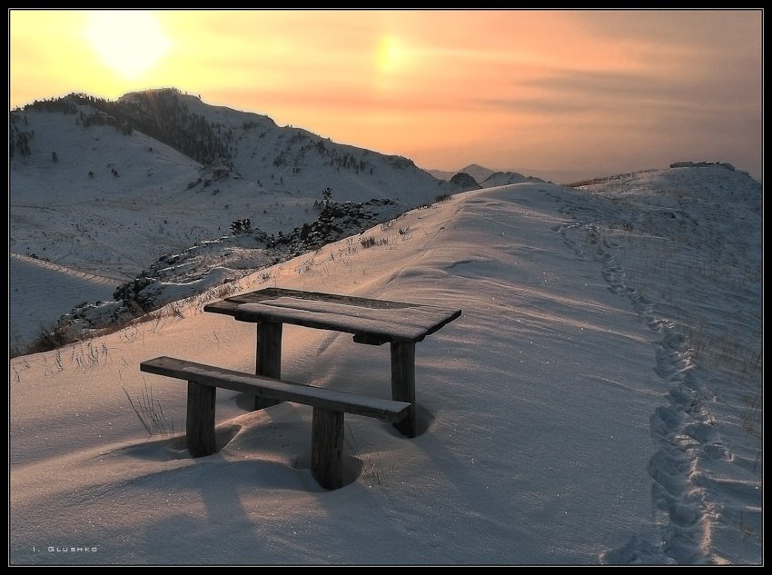горы, снег, стол, скамейка, бурятия, зима, Игорь Глушко