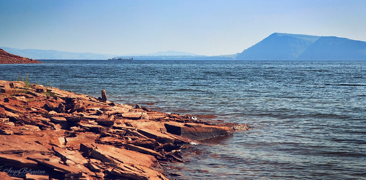 Берег, Енисей, Корабль, Красноярское водохранилище, Паром, Сергей Белявцев