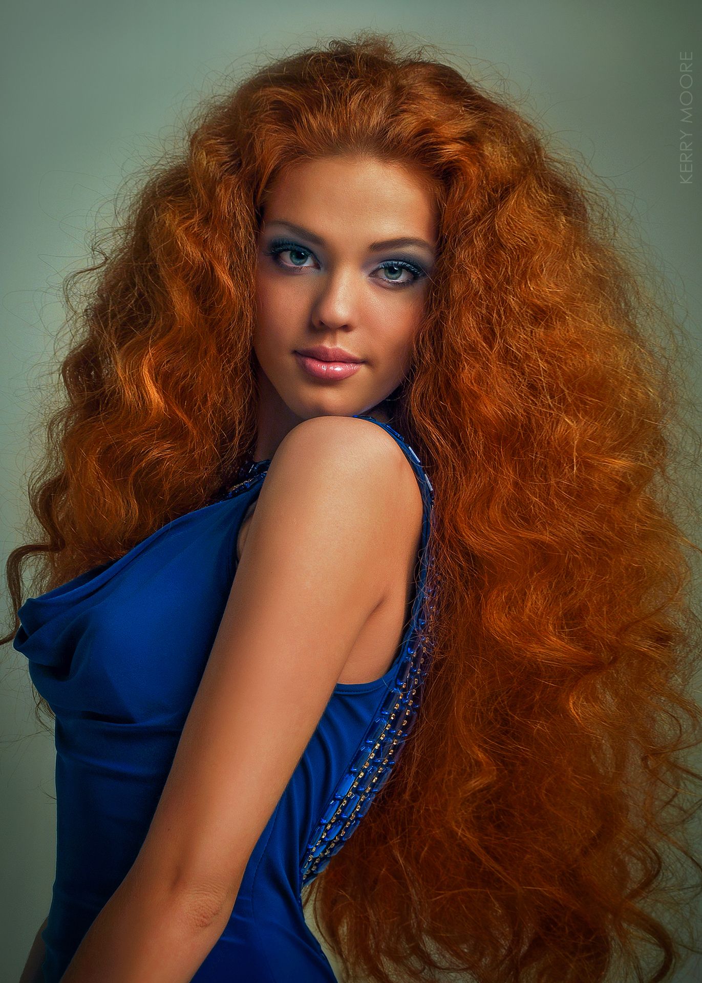 glamour, beauty, red hair, red head, girl, blue, dress, female, woman, lady,  Kerry Moore