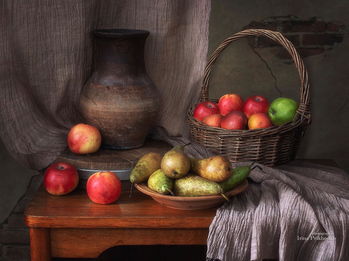 натюрморт, яблоки, груши, деревенский, фрукты, Ирина Приходько