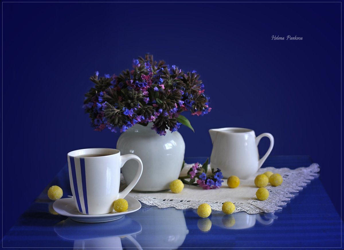 цветы, синий, чашка, кофе, весна, медуница, настроение, утро, Elena Pankova