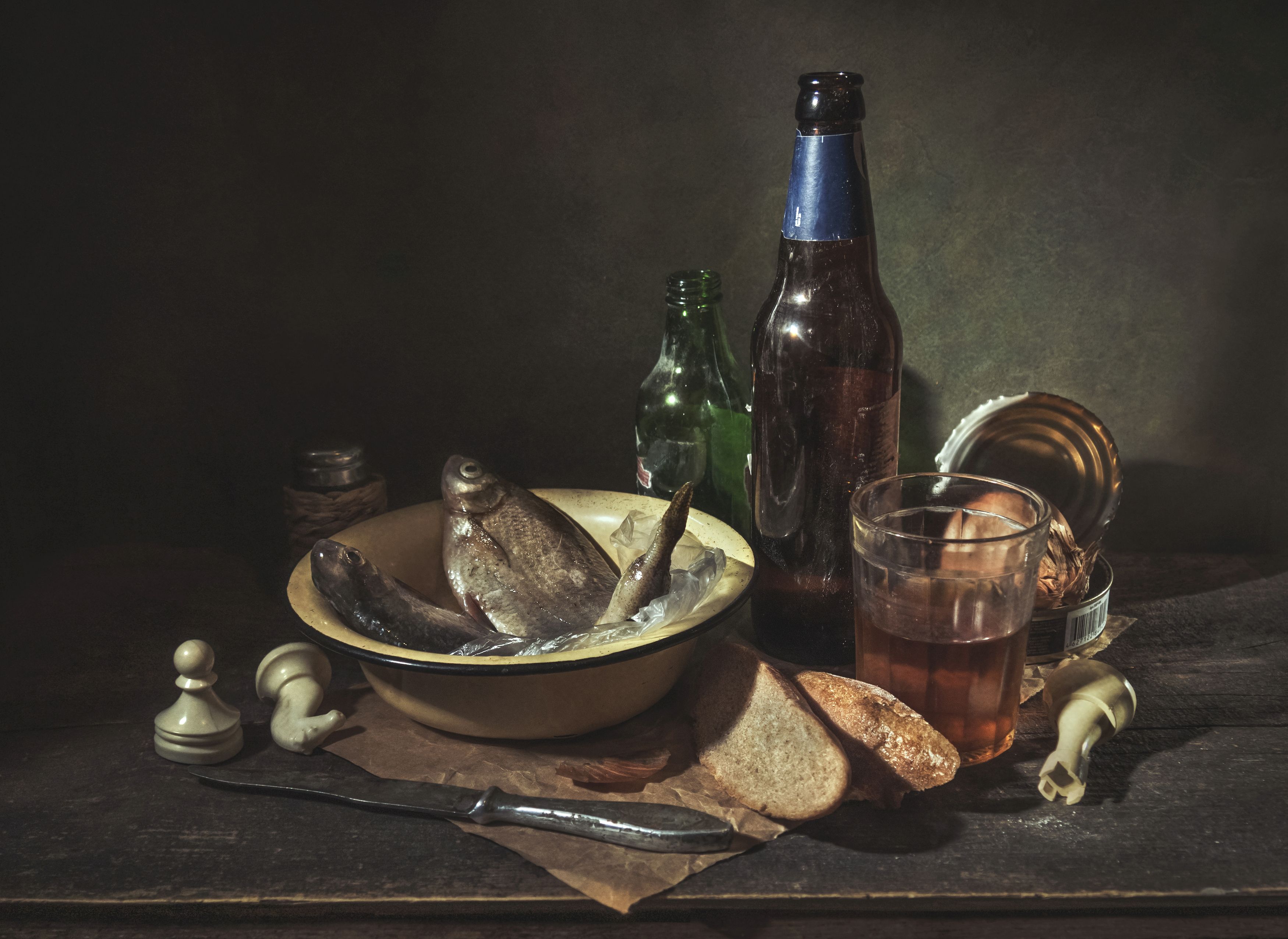 бутылка,лук,хлеб,рыба,стакан,кухня,деревянный,нож, Владимир Володин