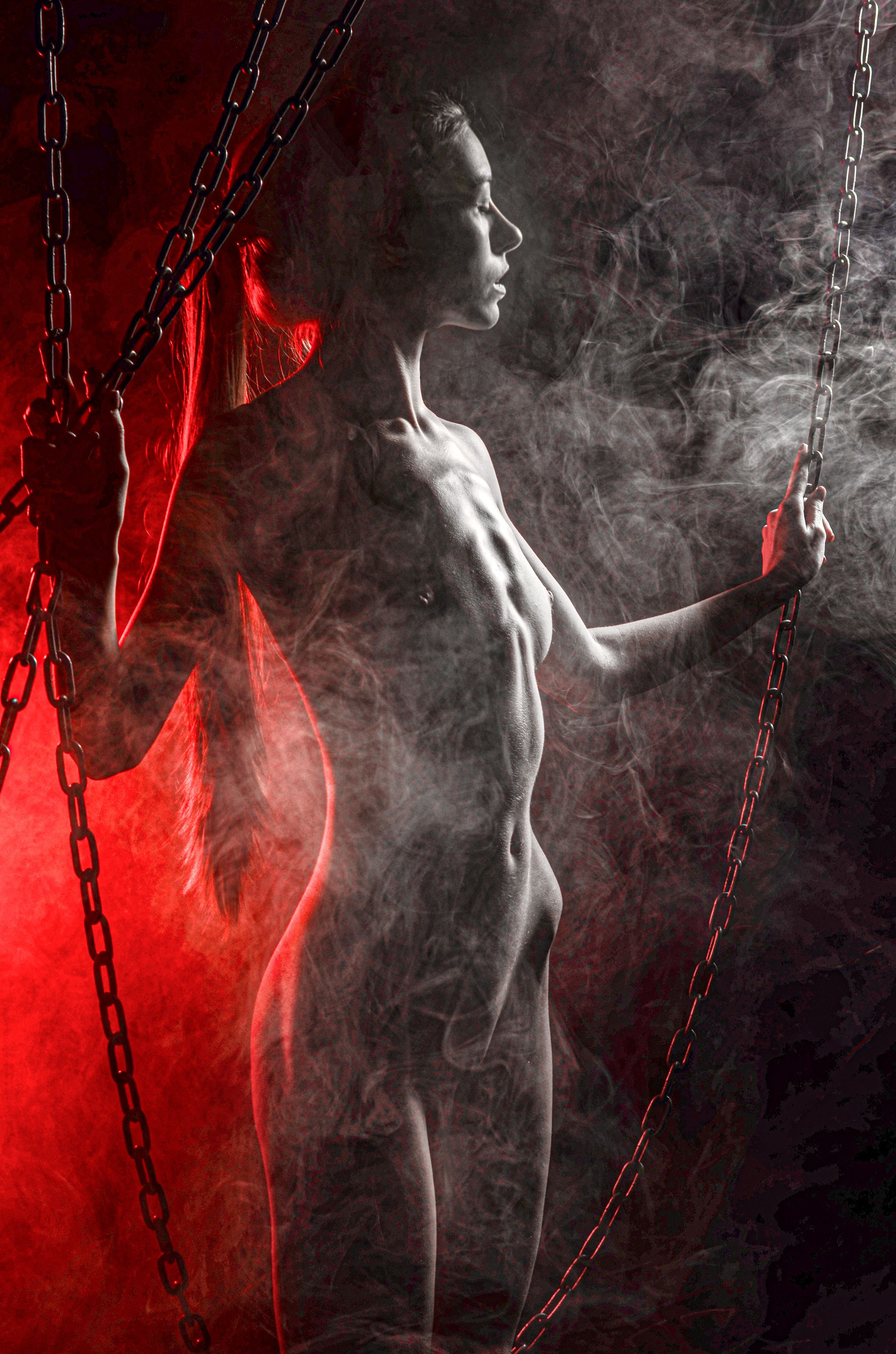 dark, alone, body, lowkey, art, black, redhair, ginger, red, inferno, smoke, nude, Евгений Вознюк