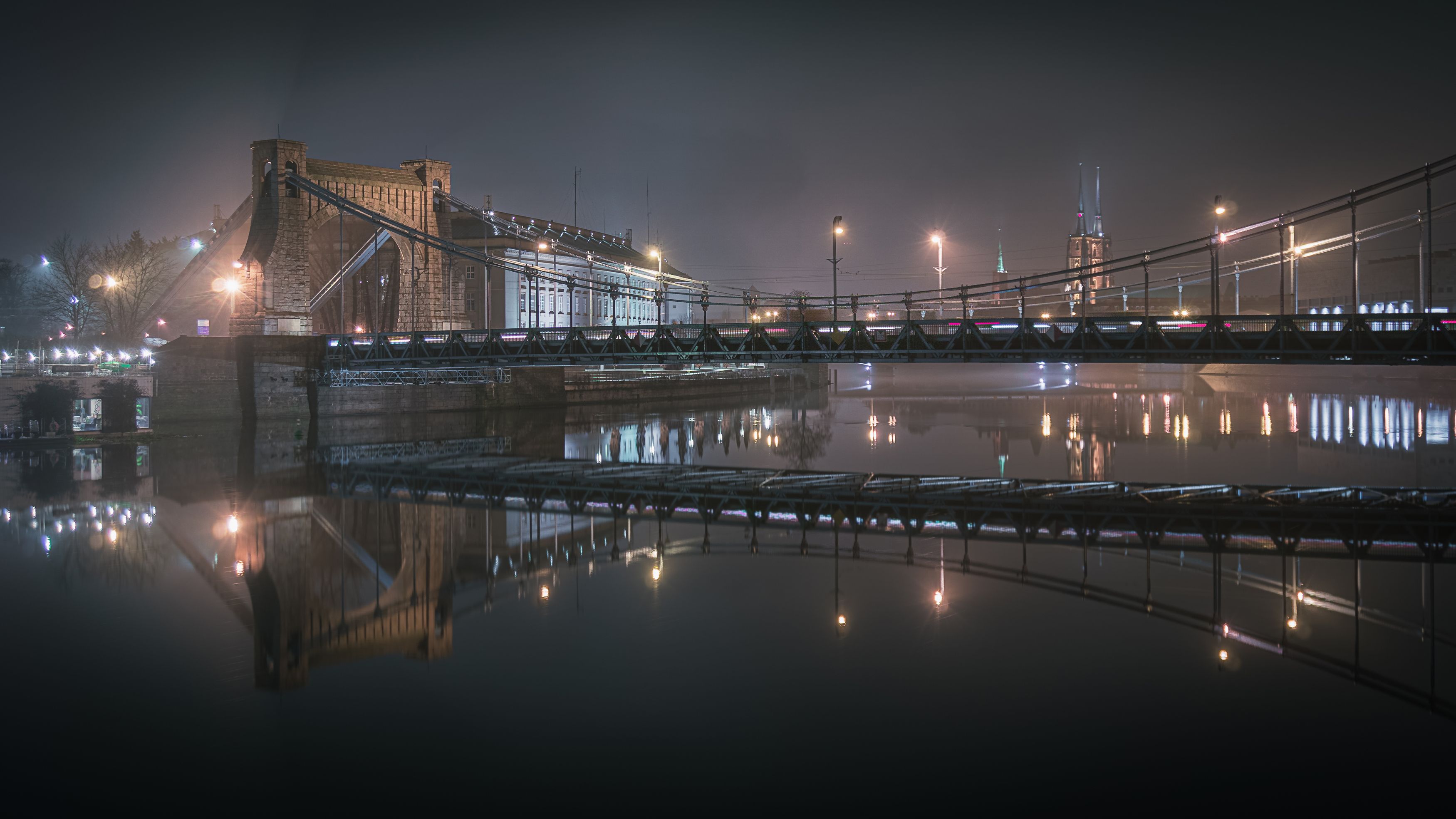 wrocław, wroclaw, polska, poland, breslau, odra, oder, grunwaldzki, bridge, fog, mist, dark, evening, river, city, cityscape, lights, dark, reflection, Skubala Krzysztof