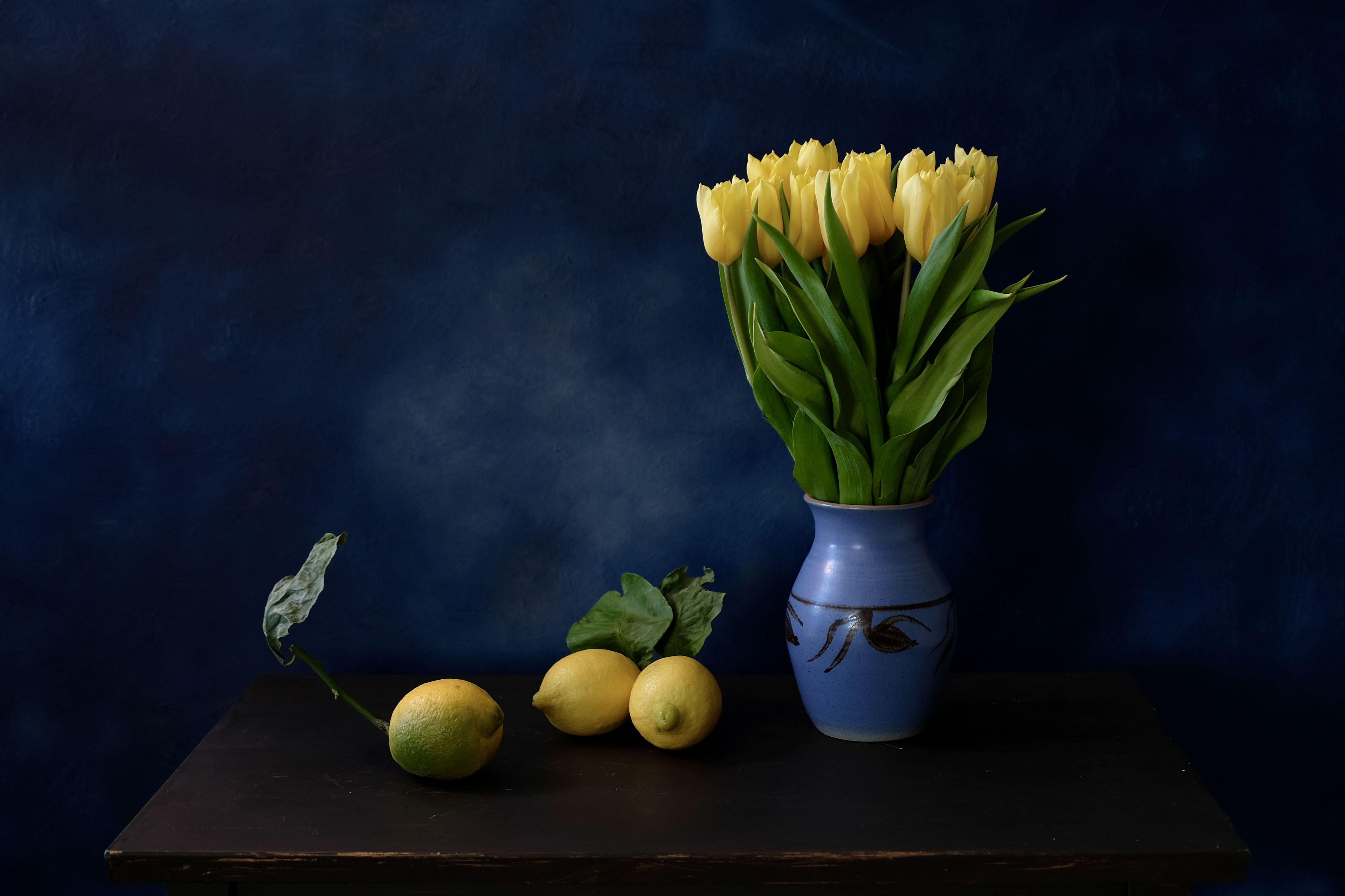 Still life, tulips, yellow, lemon, blue, flora, fruit, mood, colors, colorful, flowers, plant, , Svetlana Povarova Ree