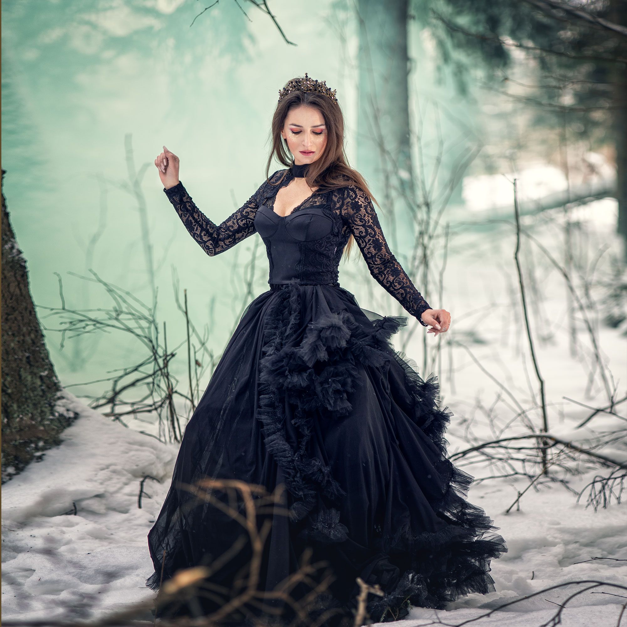 белый зеленый дым черное платье корона крылья зима лес девушка сказка снег история волшебство, Ирина Мухина