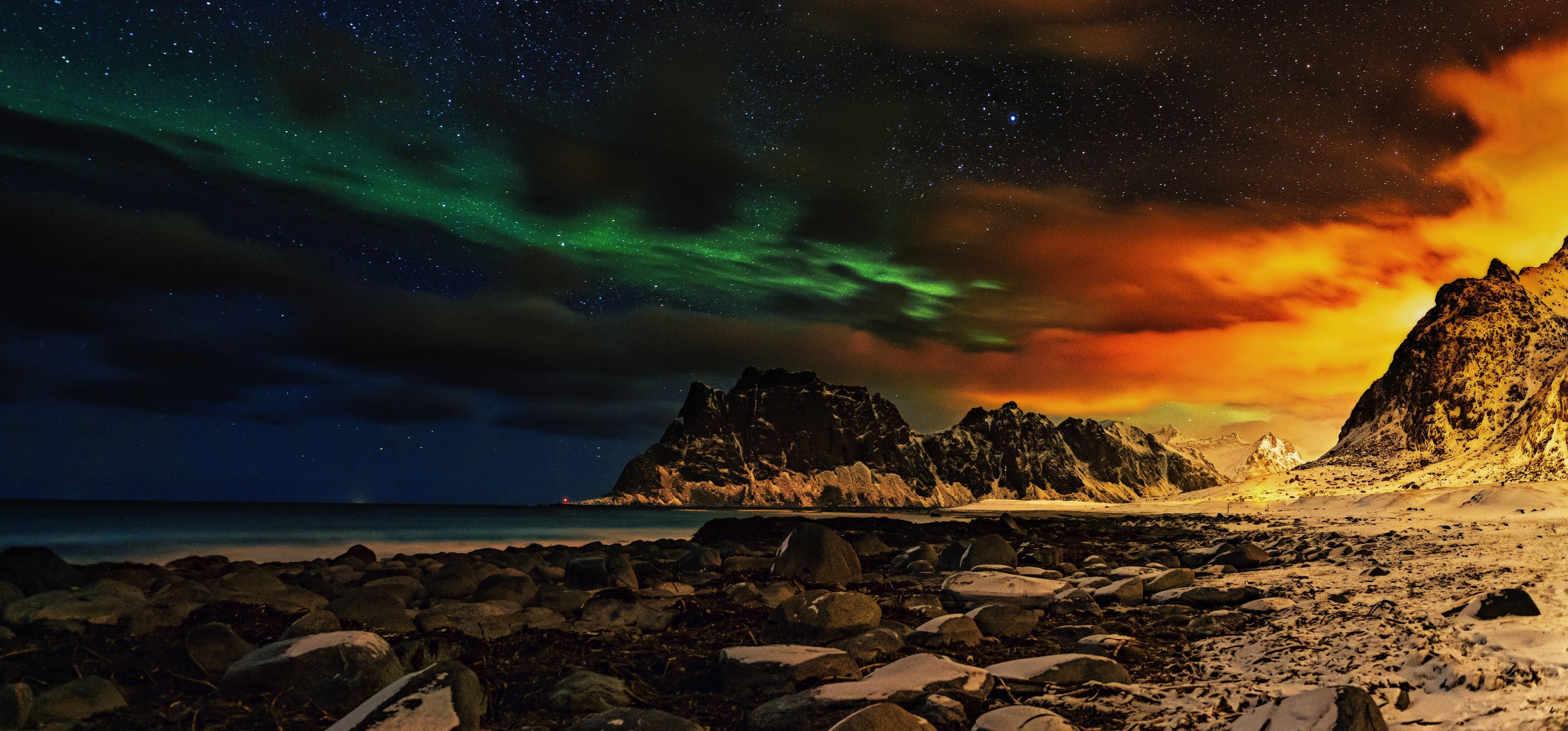 Aurora, Lofoten, Norway, night, beach, waves, sunset, clouds, dramatic, snow, Babka Yoshka (в миру - Сергей)