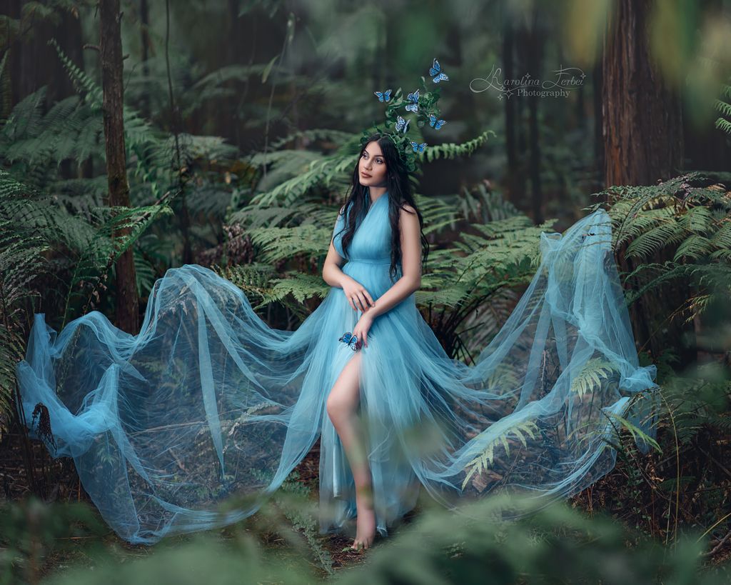 blue, dress, платье, бабочки, лес, богиня, художественная, фотография, фотосессия, волшебная, портрет, голубой, Karolina Ferbei