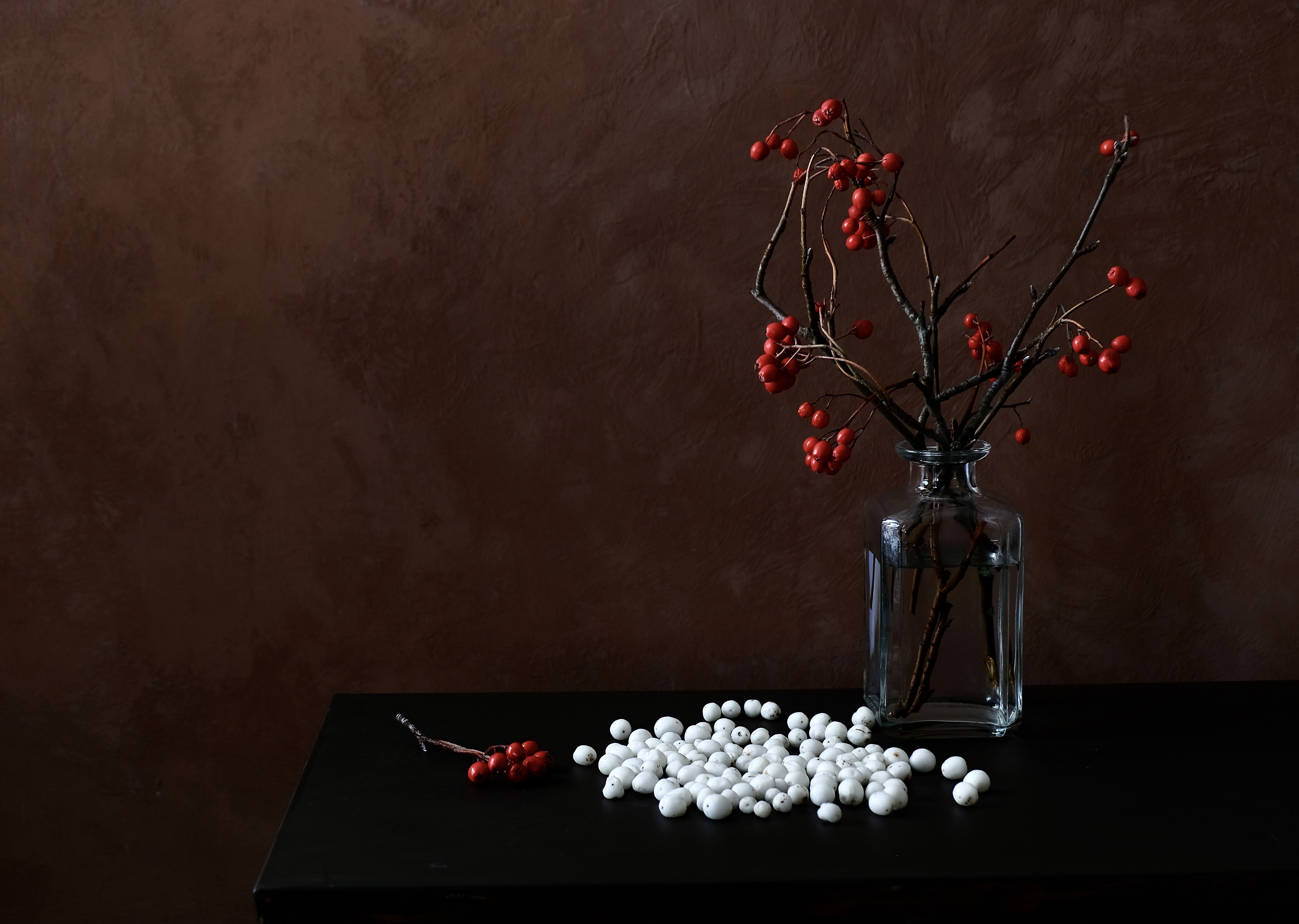 Still life, rowan, snowberry, red, white, winter, colors, mood, glass, , Svetlana Povarova Ree