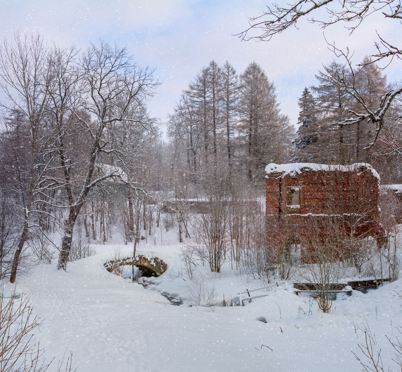 зима, снег, пейзаж, голландский, мост, развалины, дерево, ретро, стиль, Игорь Парсаданов