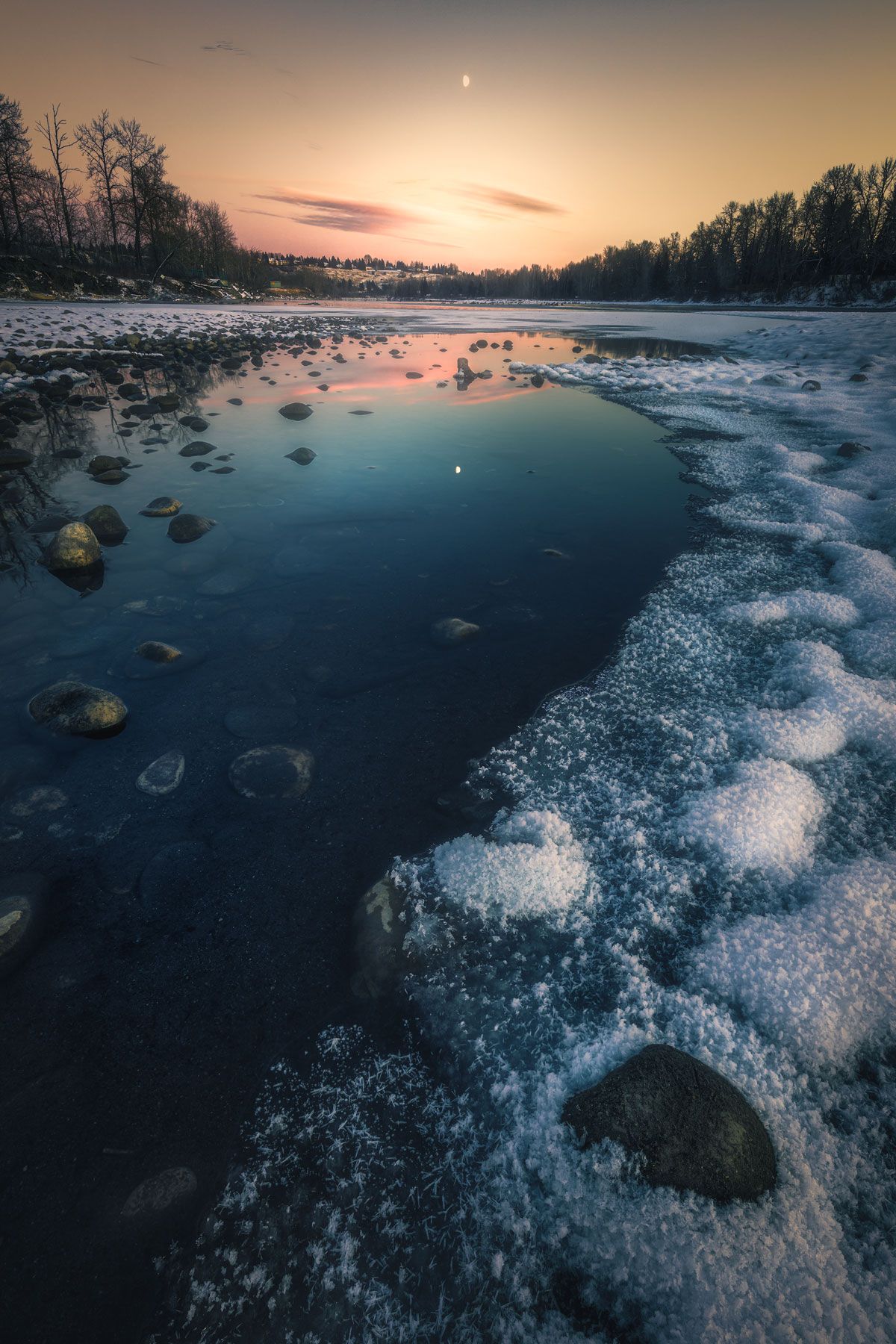 landscape, dark, winter, snow, cold, ice, water, river, lake, mirror, reflection, sunset, outdoor, nature, stone, Zhao Huapu