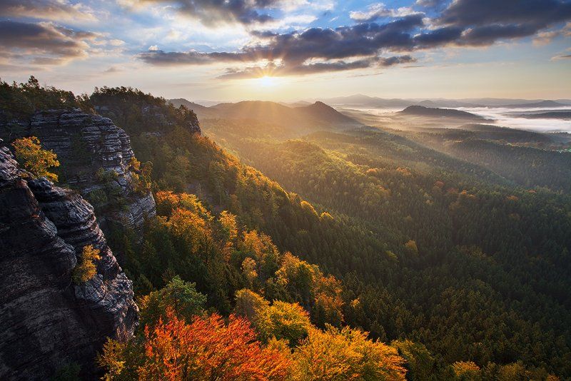 Bohemian switzerland, Clouds, Colors, Czech republic, Fog, Light, Mist, Morning, Mountains, Rocks, Sun, Sunrise, Martin Rak
